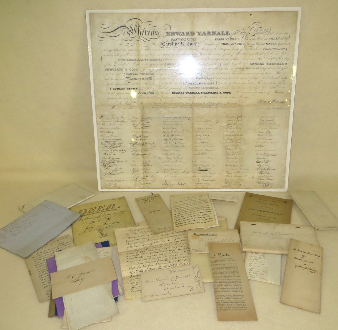 Lot of early papers, most associated with Edward & Caro: Lot of early papers, most associated with Edward & Caroline Yarnall of Philadelphia Pa., including certificate of announcement of planned marriage of Caroline R. Cope to Edward Yarnall dated 1828 - wi