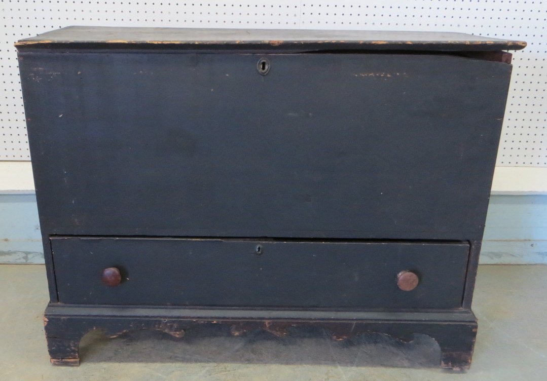Early Single Drawer Blanket Chest With Cut Out Base: Single drawer blanket chest with cut out base in old black paint - signed on reverse "Co. New Haven" - early 19th century - minor losses - 32.5"H x 43"W x 18"D.