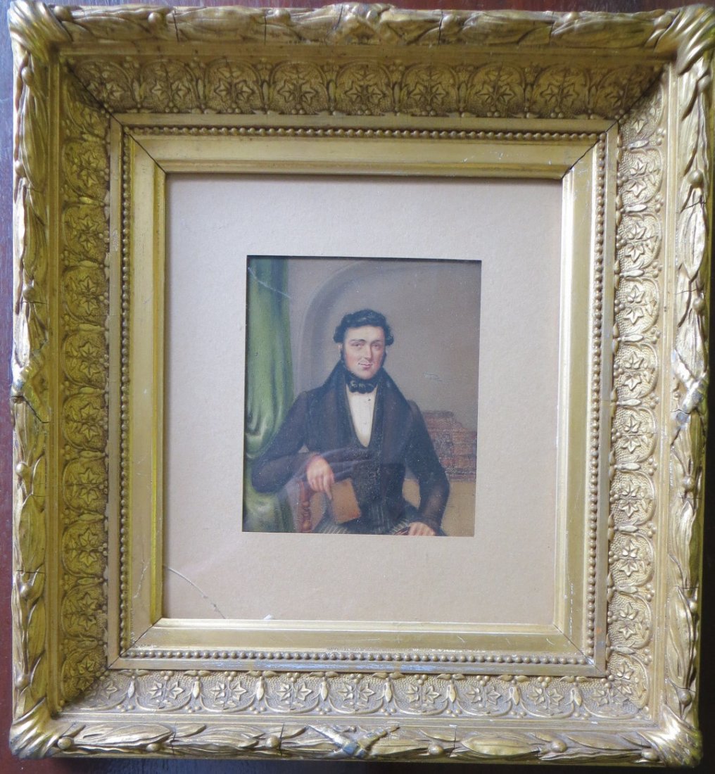 High quality W/C portrait of a seated young man holding: High quality W/C portrait of a seated young man holding book - original NY gesso frame with William K. O'brien NY frame maker's label. Early to mid-19th century. 4.5" x 5".