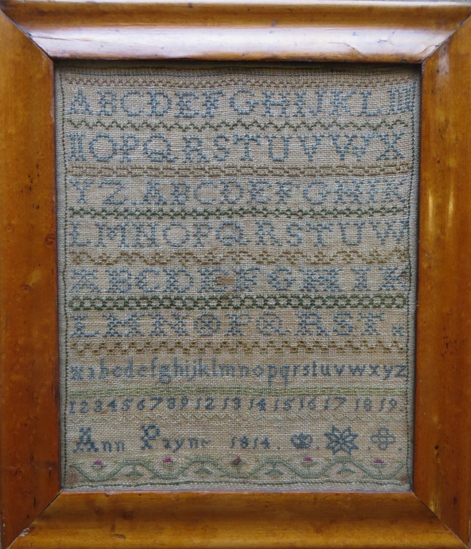 Alphabet sampler signed Ann Payne 1814 in a period bird: Alphabet sampler signed Ann Payne 1814 in a period birdseye maple frame - 7.5" x 8.25".