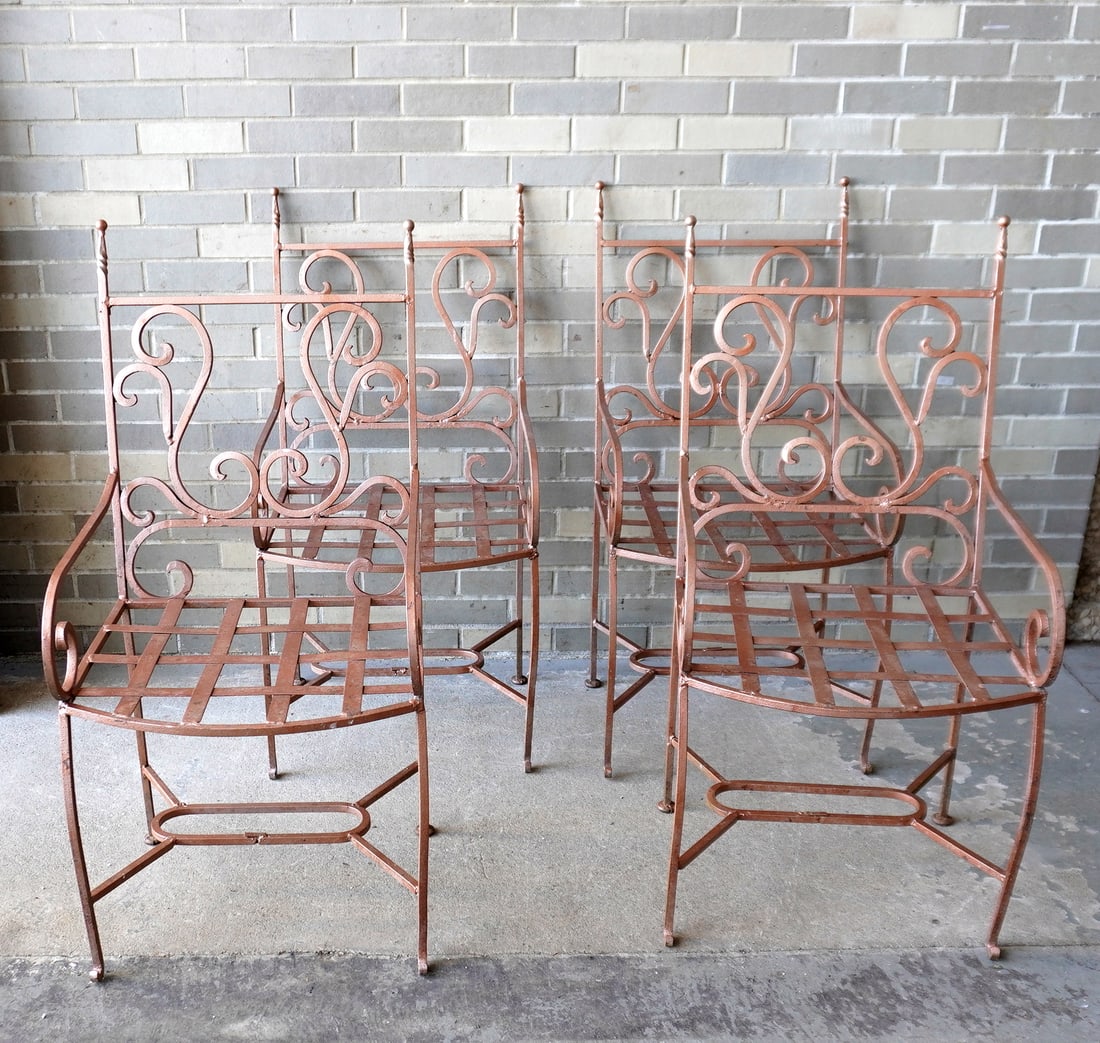 Four hand made wrought iron chairs with scrolled back, scrolled arms and woven sheet iron seats (1 of 9)