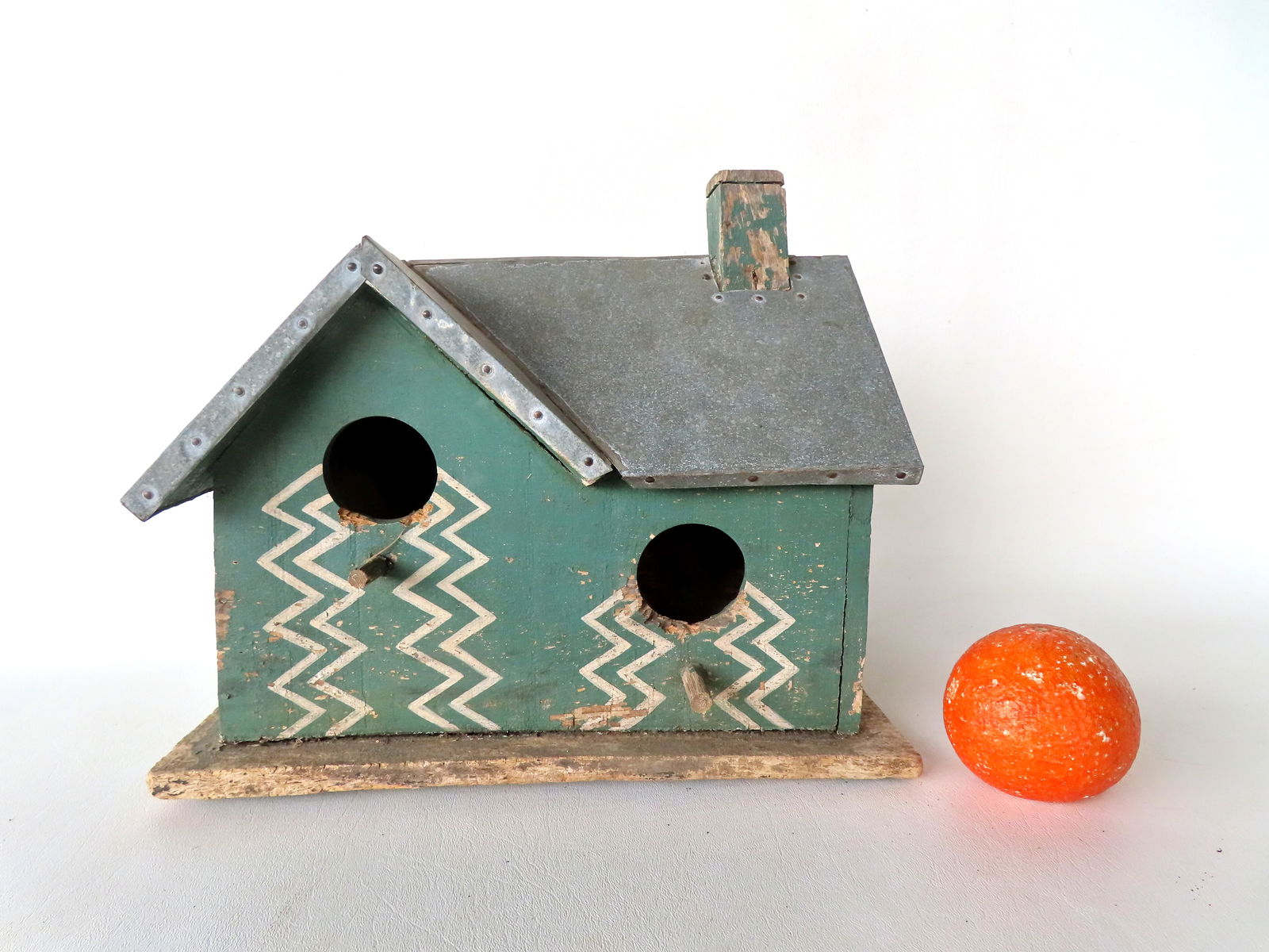A hand made folk art wooden bird house with speckled painted tin roof also with wooden chimney, all (1 of 6)