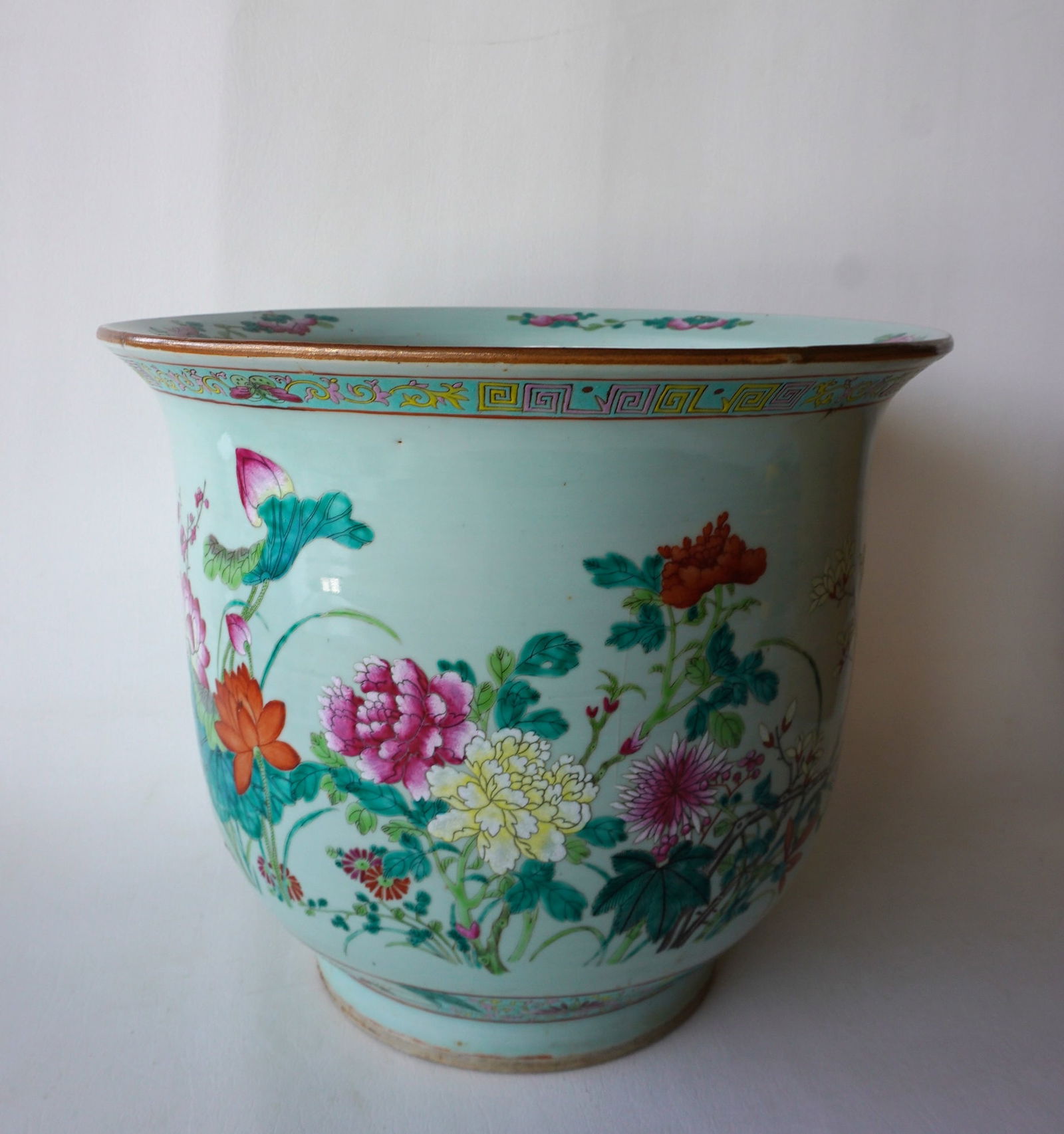 A Chinese hand painted porcelain jardinière decorated with exotic flowers, probably early 20th: A Chinese hand painted porcelain jardinière decorated with exotic flowers, probably early 20th century. Crack extending in an arch from the footed base, else good condition. Measures 16" diameter x 1