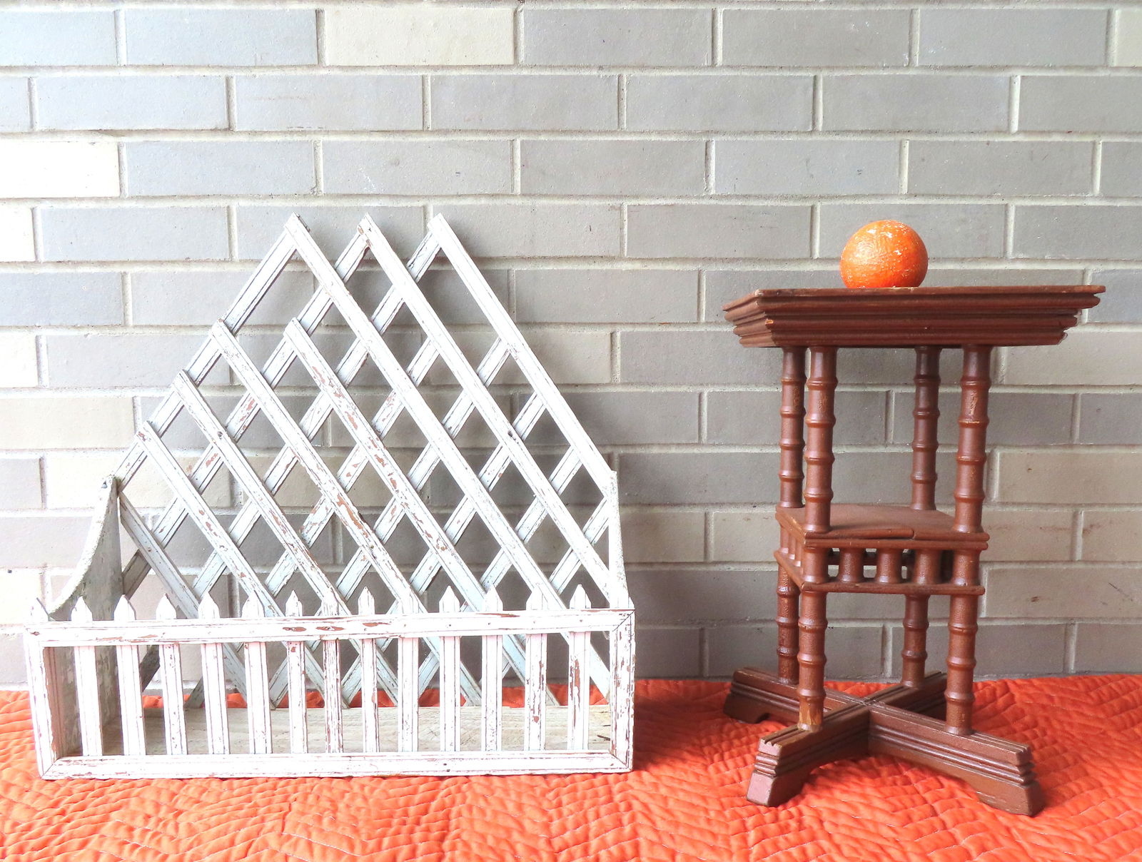 Two country garden related collectibles including: A hanging plant holder with lattice back and: Two country garden related collectibles including: A hanging plant holder with lattice back and picket fence border, in an old weathered white paint - appears to be all original, early to mid 20th cen