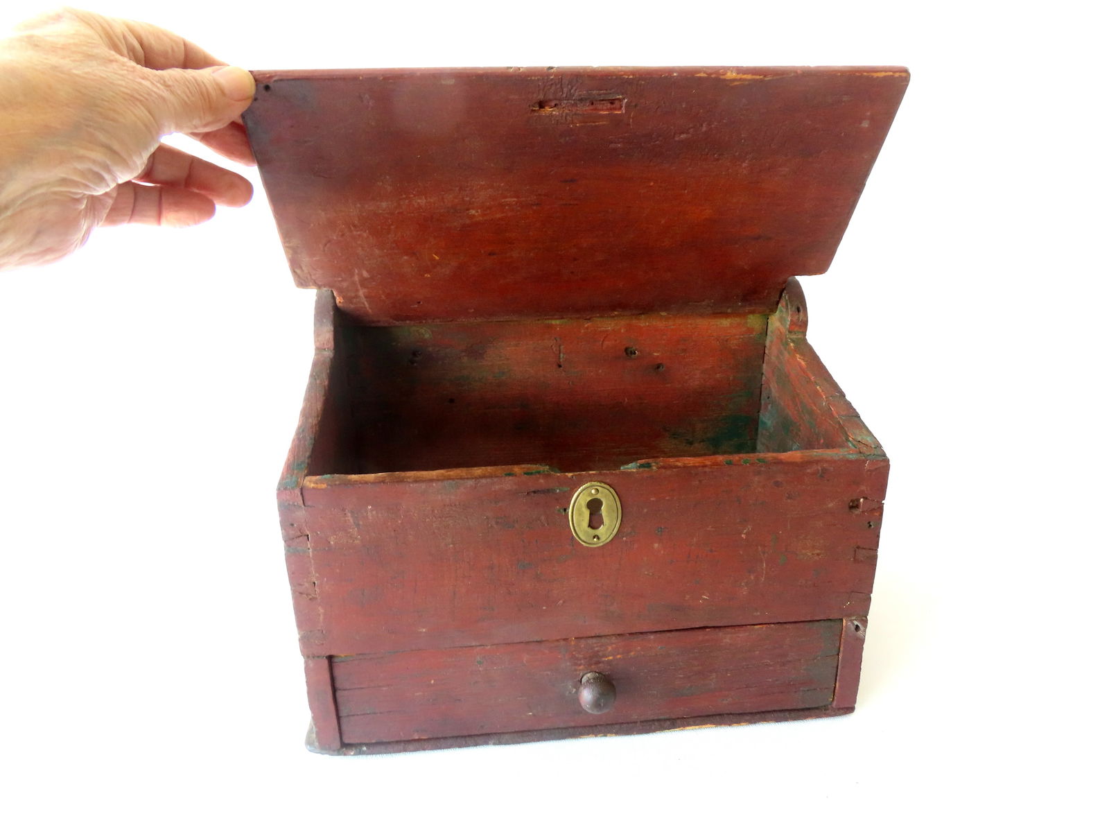 A primitive farmhouse wall box with slanted lid and lower drawer with fitted interior in original - 2