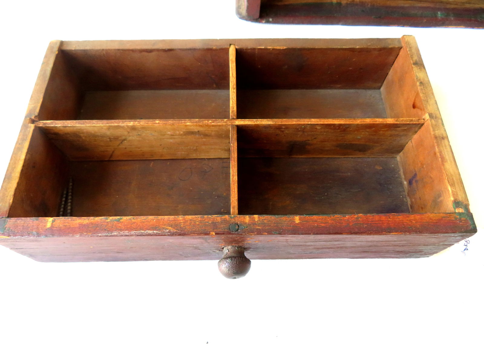 A primitive farmhouse wall box with slanted lid and lower drawer with fitted interior in original - 3
