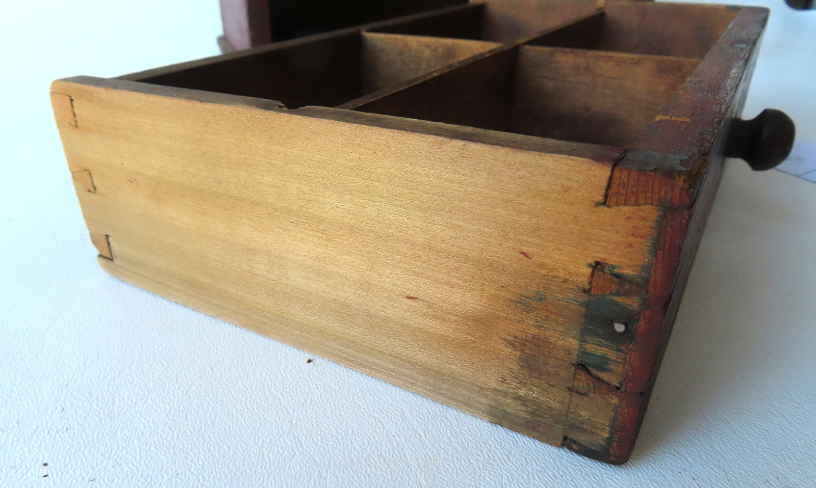 A primitive farmhouse wall box with slanted lid and lower drawer with fitted interior in original - 4
