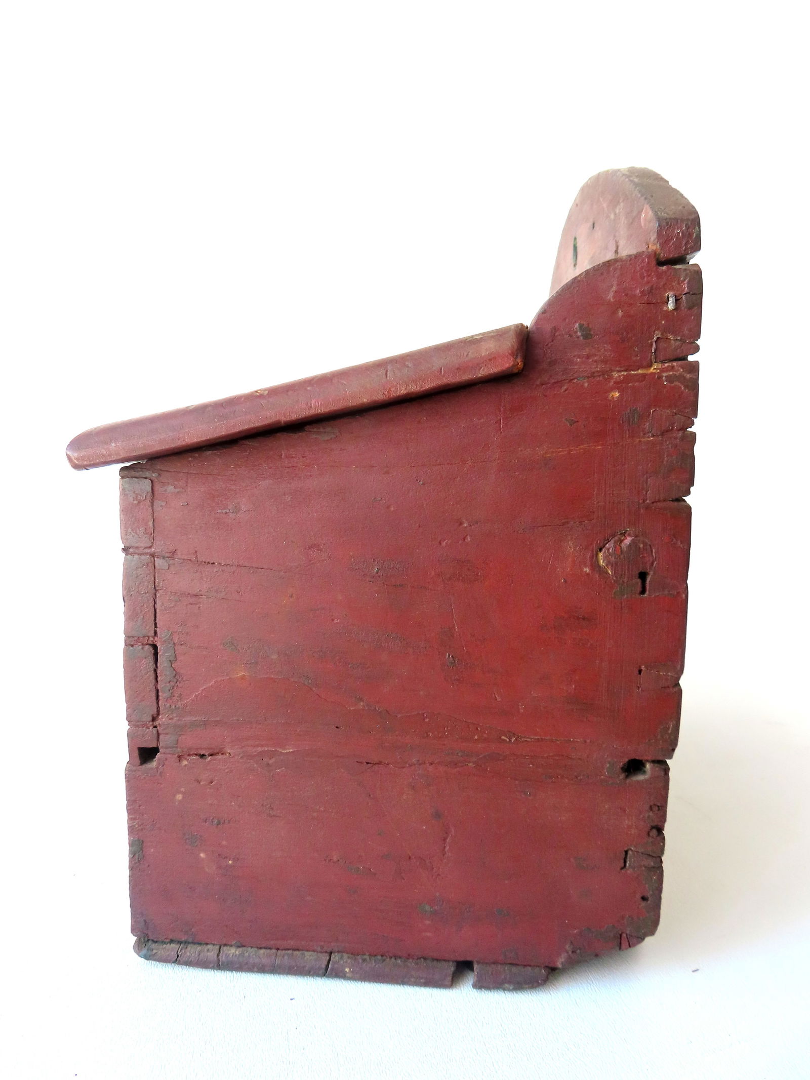 A primitive farmhouse wall box with slanted lid and lower drawer with fitted interior in original - 7