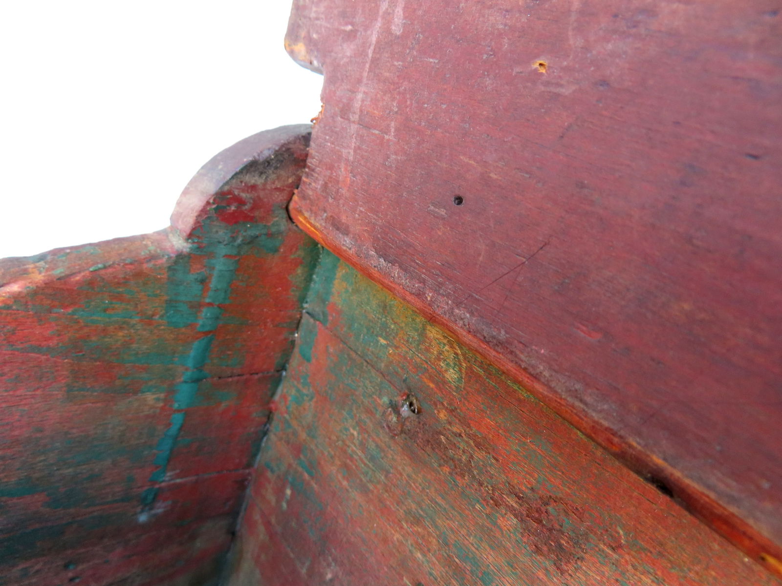 A primitive farmhouse wall box with slanted lid and lower drawer with fitted interior in original - 8