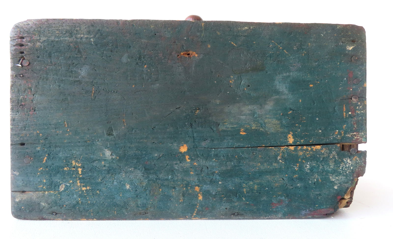 A primitive farmhouse wall box with slanted lid and lower drawer with fitted interior in original - 9