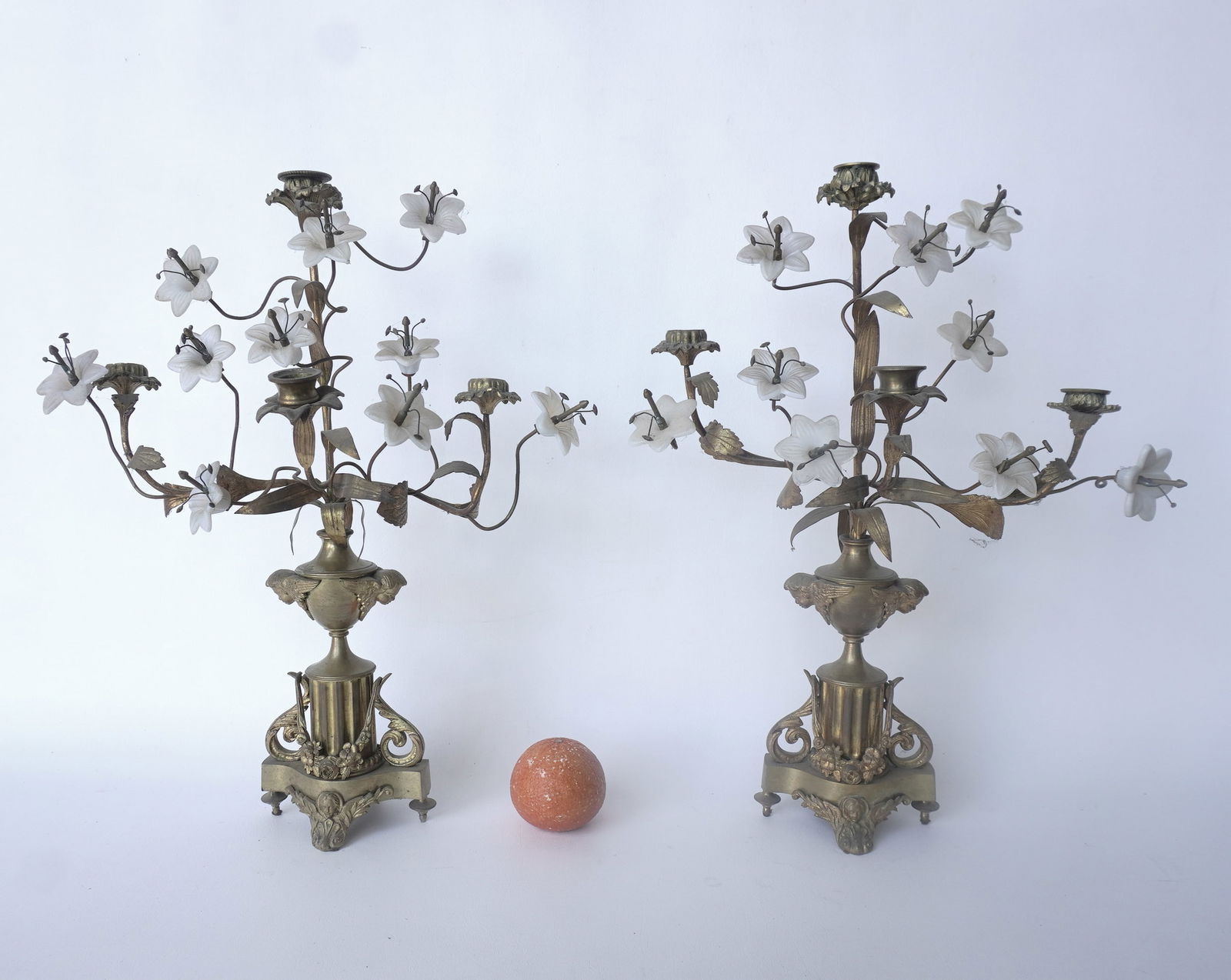 A pair of matching French gilt bronze candelabras, each having 4 candle sockets, and white opaline (1 of 14)
