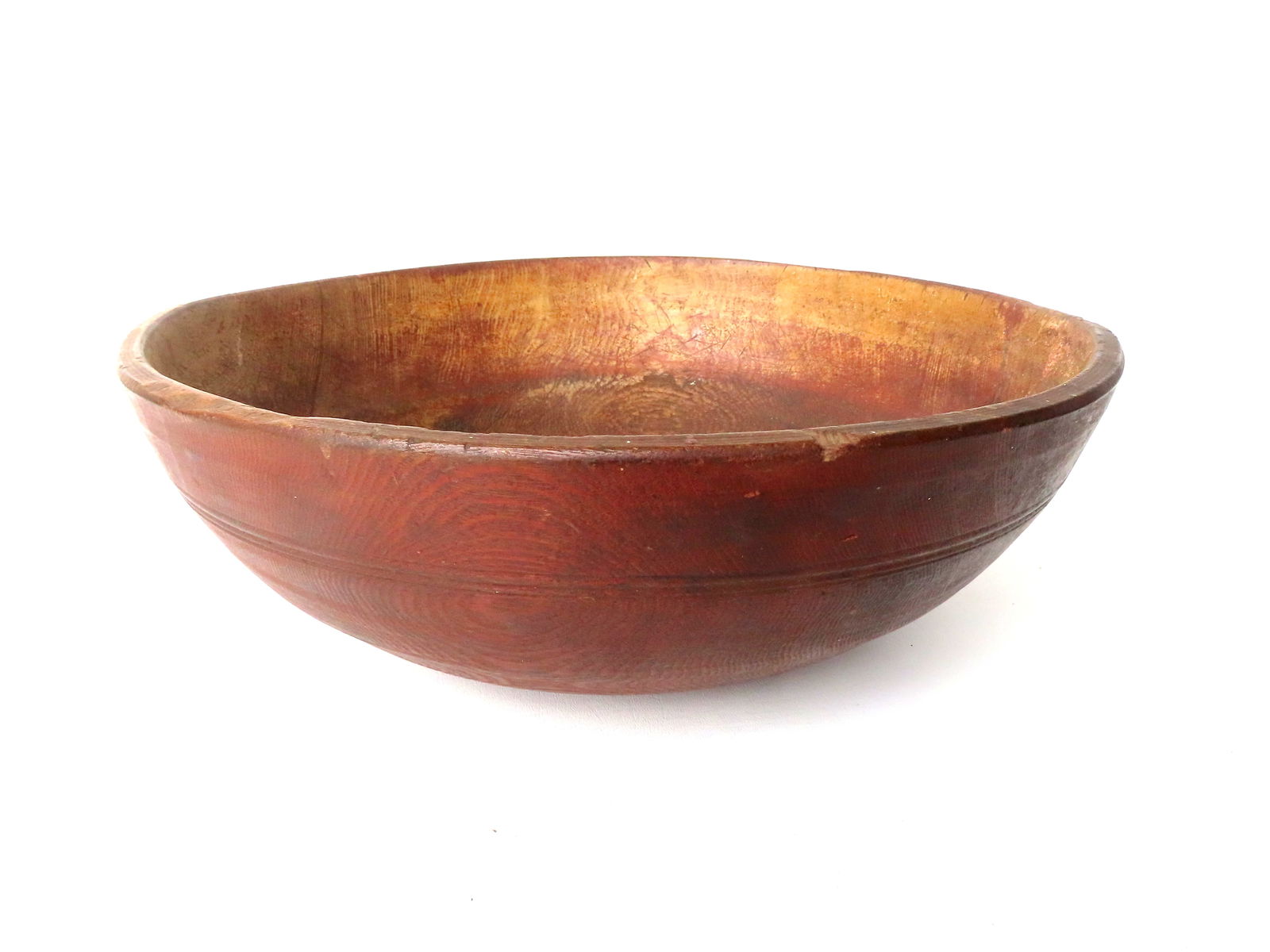 An exceptionally deep American treenware bowl with incised concentric lines around perimeter in (1 of 8)