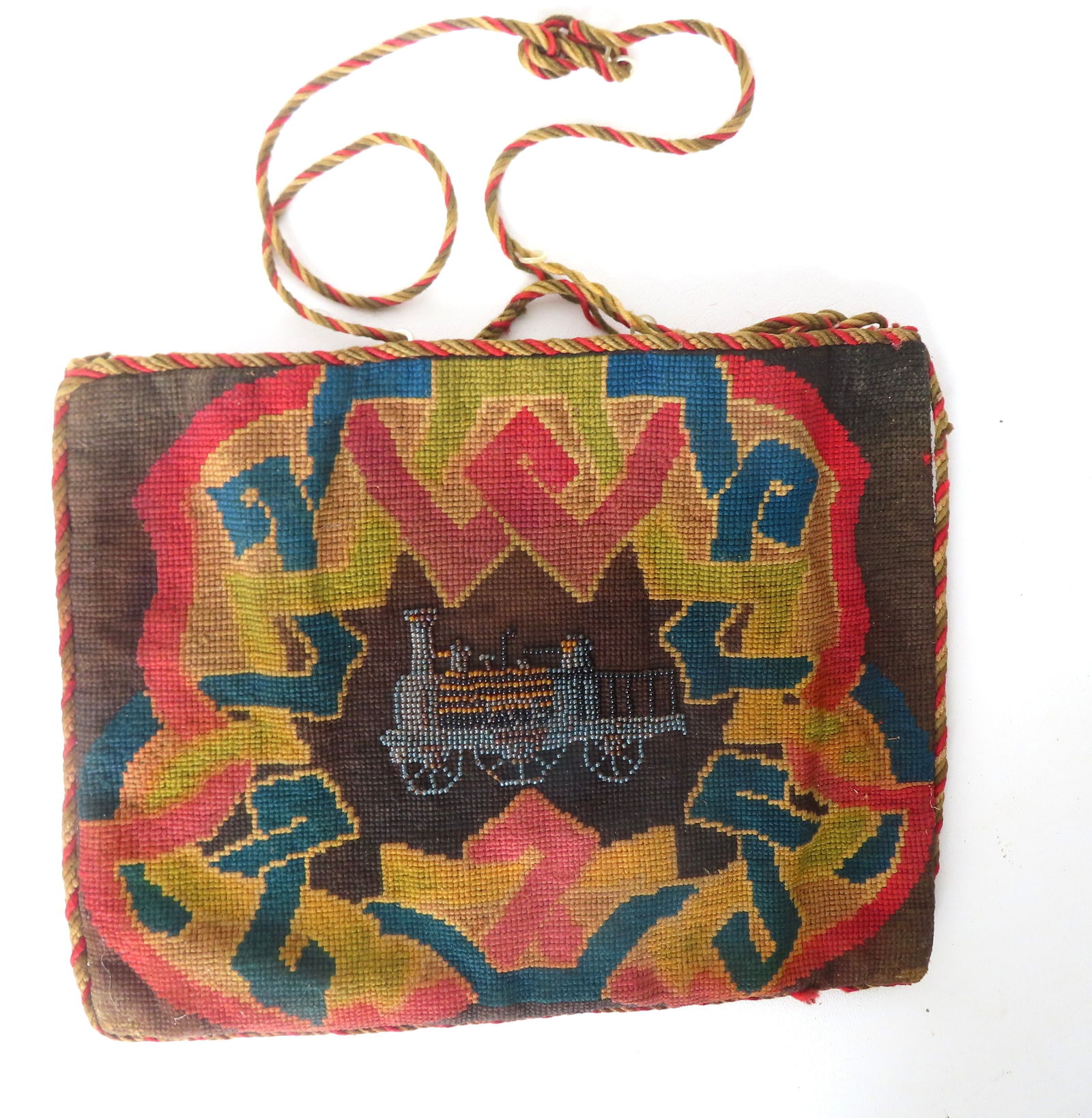 A very fine hand made American needlepoint school girl's handbag having a central image of a (1 of 5)