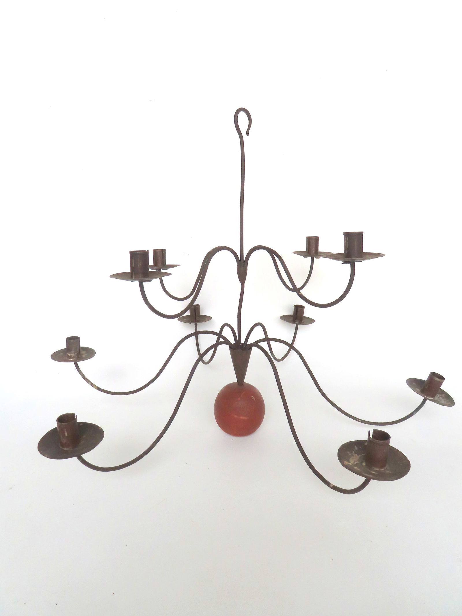 A hand made 10 light hanging candelabra, all hand forged iron extending from central post and lower (1 of 9)