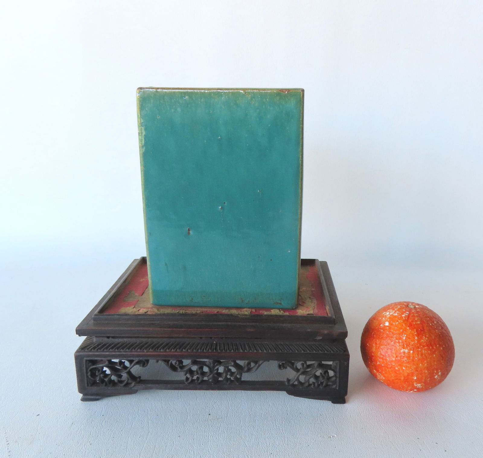 A Chinese export 19th century turquoise rectangular shaped brick flower vase, not signed but faintly: A Chinese export 19th century turquoise rectangular shaped brick flower vase, not signed but faintly marked "China" in base, probably late 19th century. Tiny glaze flake on edge of rim likely occurrin