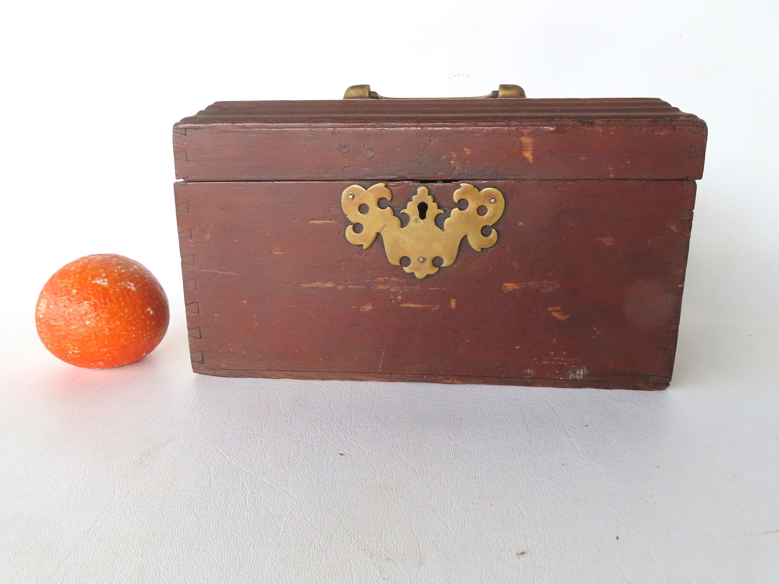 An early document box in original reddish-brown paint, with very fine dovetailed construction and (1 of 9)