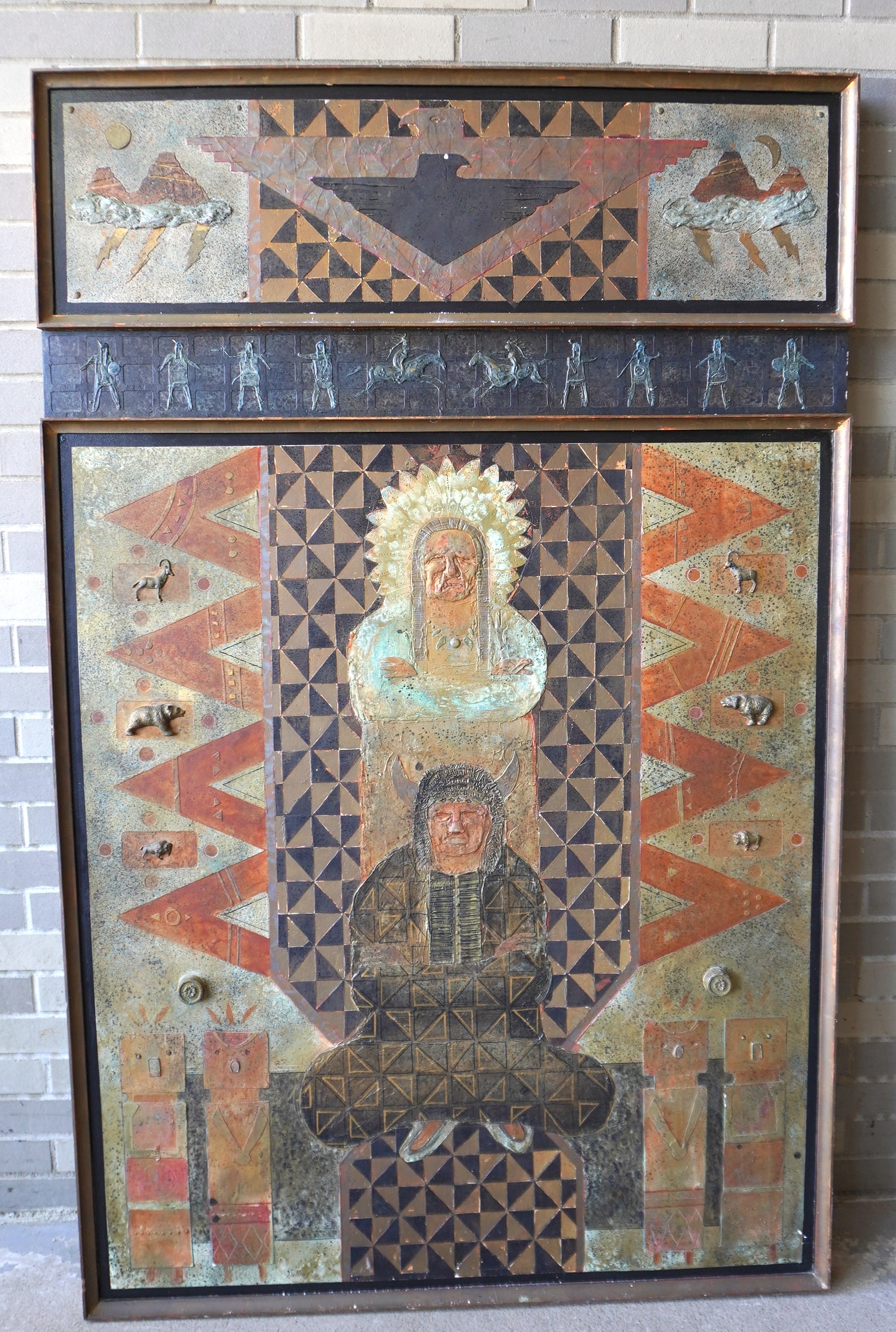 Folk Art Native American mixed media artwork by Robert M Sullins - NY & California 1926-1991. A very: Folk Art Native American mixed media artwork by Robert M Sullins - NY & California 1926-1991. A very large mixed media painting on Masonite panel, decorated with Native American motif, signed "Sullins