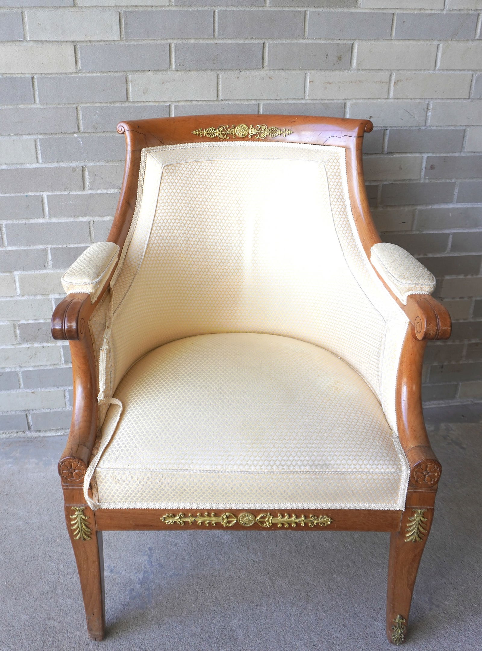 French Empire upholstered parlor chair with a fruitwood type wooden frame and having bowed back, (1 of 11)