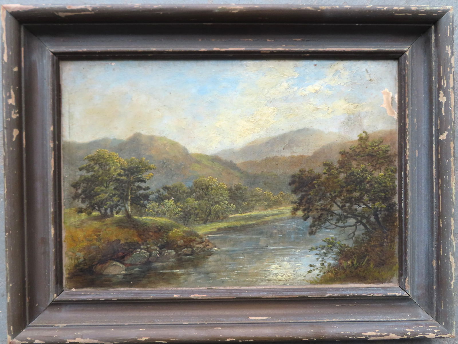 O/C Landscape with hills and trees surrounding stream, 19th century, scratched signature bottom left (1 of 6)