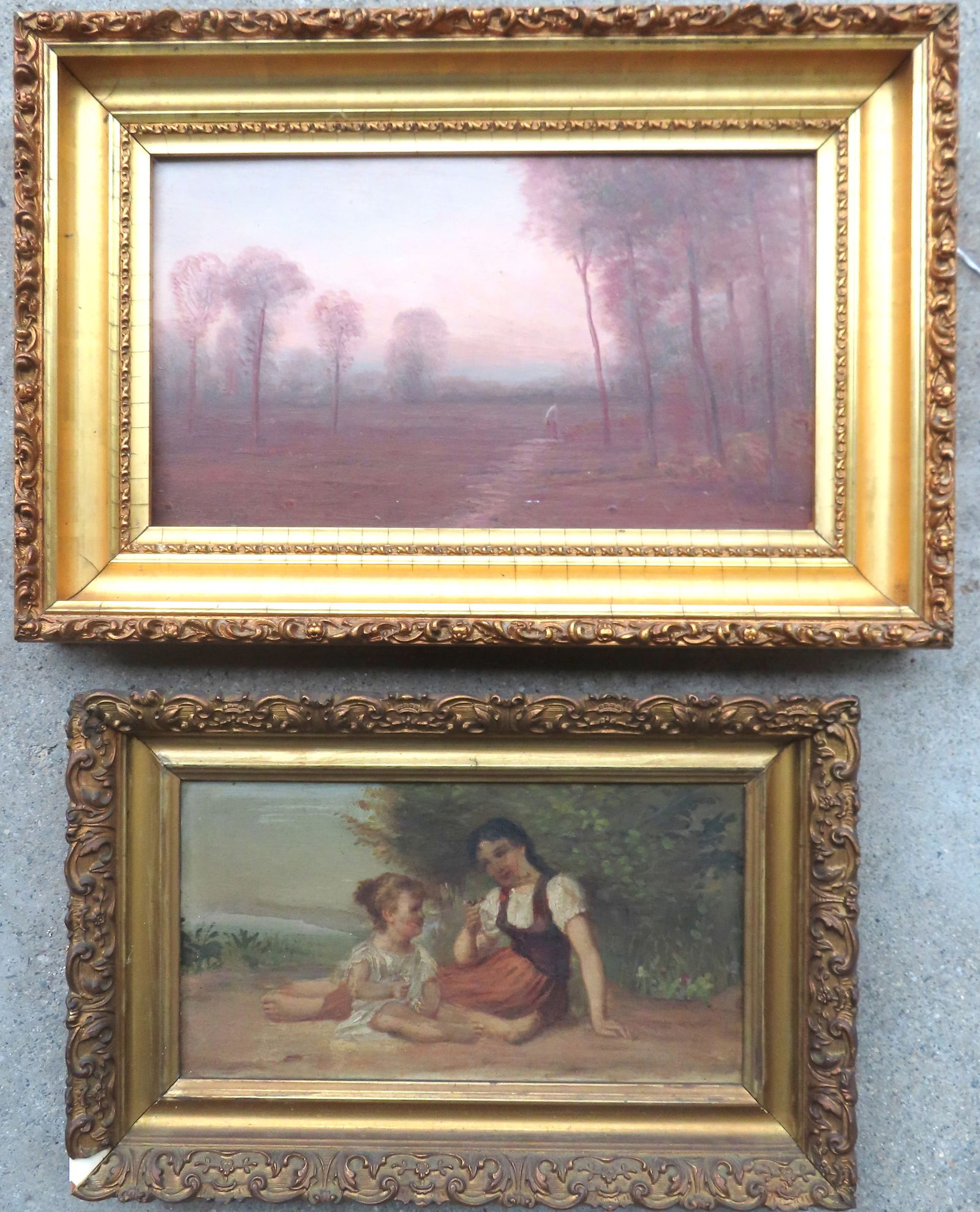 Two O/B Paintings in original gilt gesso frames - The first a landscape with figure walking down: Two O/B Paintings in original gilt gesso frames - The first a landscape with figure walking down country path signed "Pugh" lower right corner - both the frame and the artwork in very good condition,