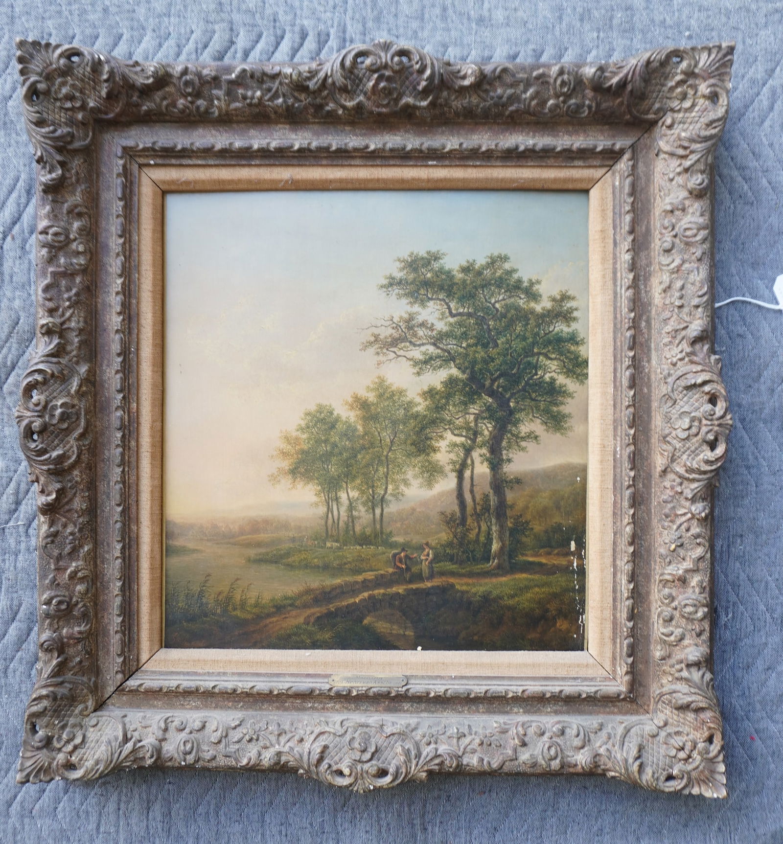 Hendrick Van Assche, Belgium 1774 - 1841. Oil on wooden panel, landscape with river leading to stone (1 of 6)