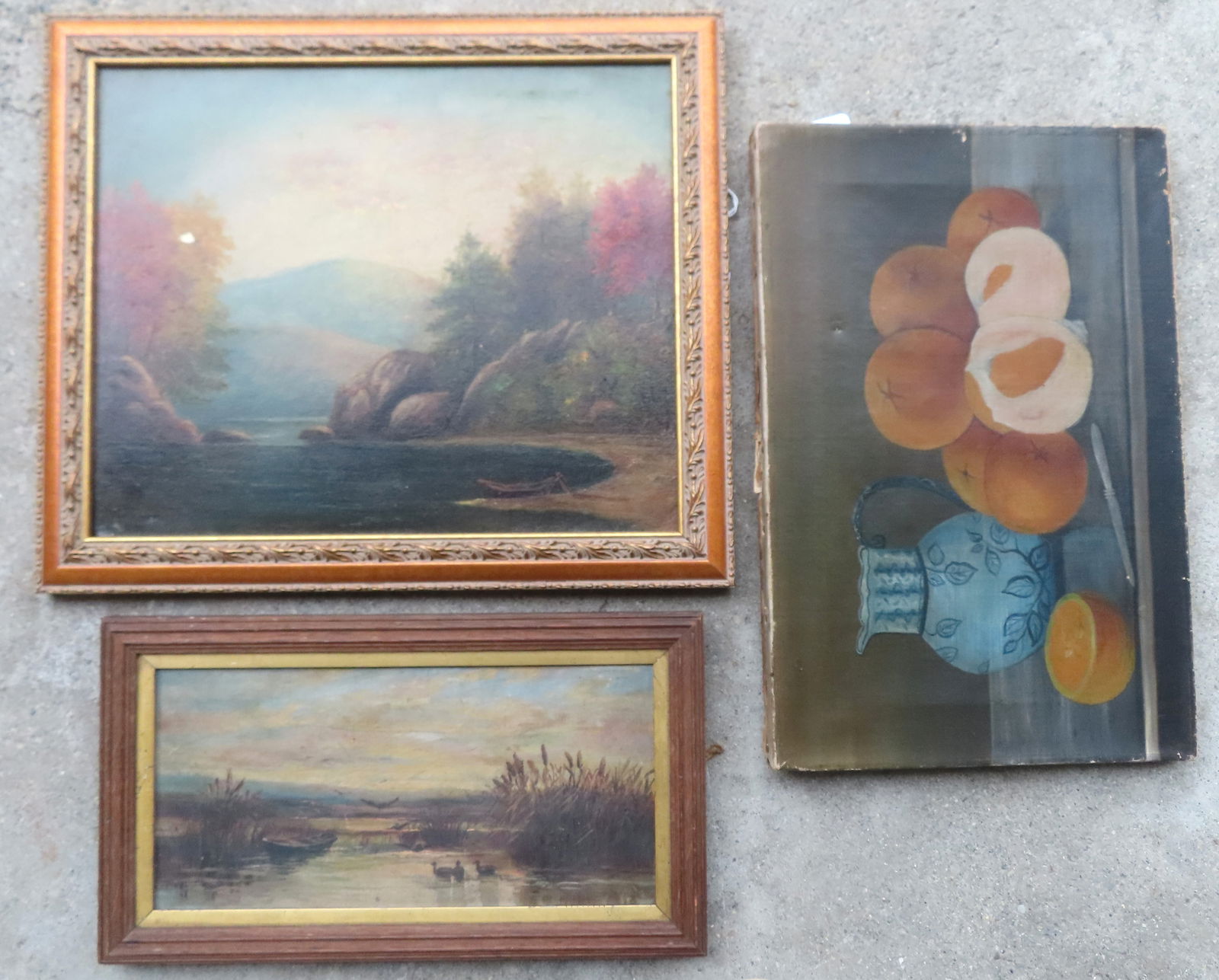 Three primitive paintings, all 19th century. The first an O/C depicting ducks in a marshland, housed: Three primitive paintings, all 19th century. The first an O/C depicting ducks in a marshland, housed in original black walnut frame with gold inset - total frame size 16 1/2" x 9 1/2" - very good cond