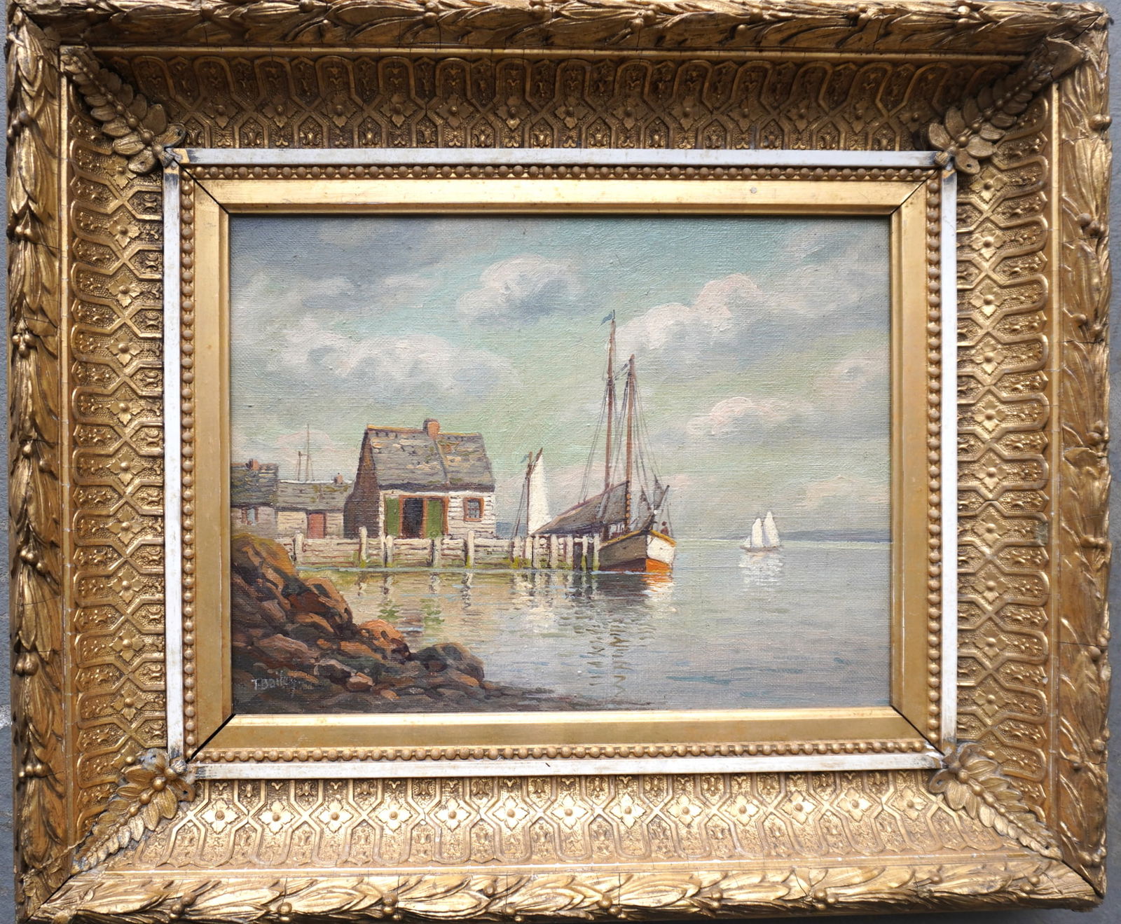 T. Bailey, active in the Cape Ann area of Massachusetts, during the early 20th century. O/C Fishing: T. Bailey, active in the Cape Ann area of Massachusetts, during the early 20th century. O/C Fishing boats at harbor with building, signed "T. Bailey" lower left corner and paper label on reverse title