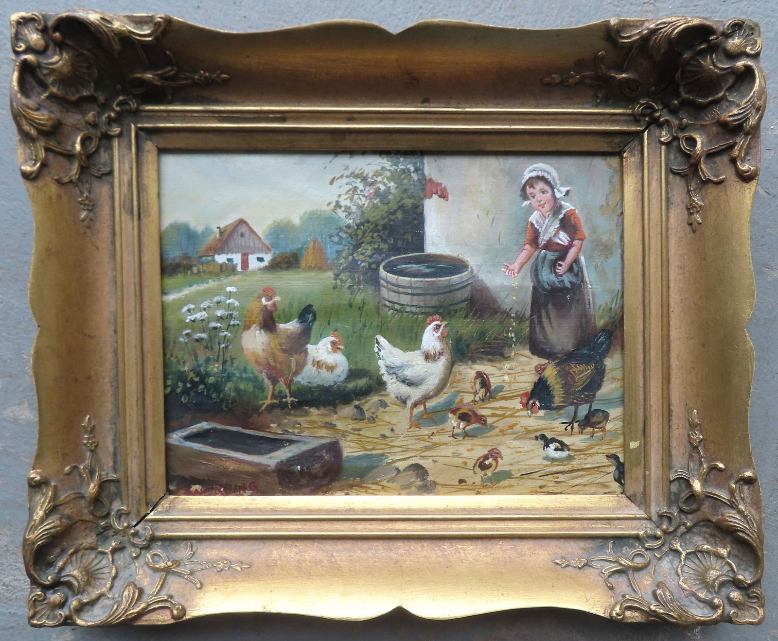 O/C Barnyard scene with young girl feeding chickens and chicks, farmhouse in background, probably: O/C Barnyard scene with young girl feeding chickens and chicks, farmhouse in background, probably late 19th century, signed illegibly. The canvas is off stretch an applied to board , else very good co