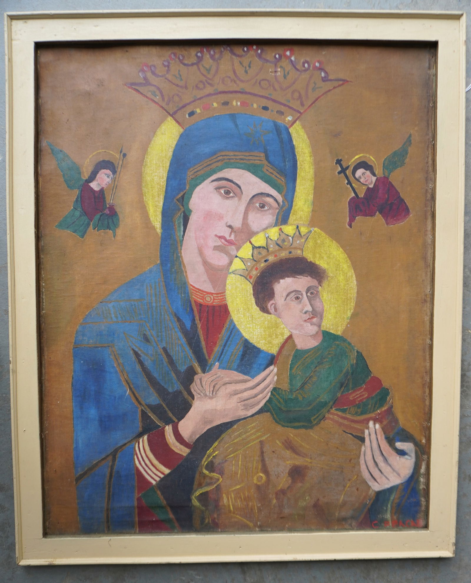 A large O/C Greek Orthodox style icon, depicting Madonna and Child flanked by 2 angels - signed on: A large O/C Greek Orthodox style icon, depicting Madonna and Child flanked by 2 angels - signed on reverse and bottom right corner C. Peacan, 1925. The canvas is without stretcher and tacked to a hand