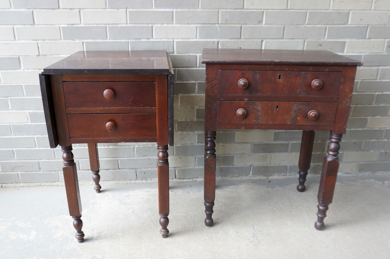 Two federal work tables with NY legs. The first, in cherry, a 2 drawer drop leaf sewing stand, circa (1 of 12)