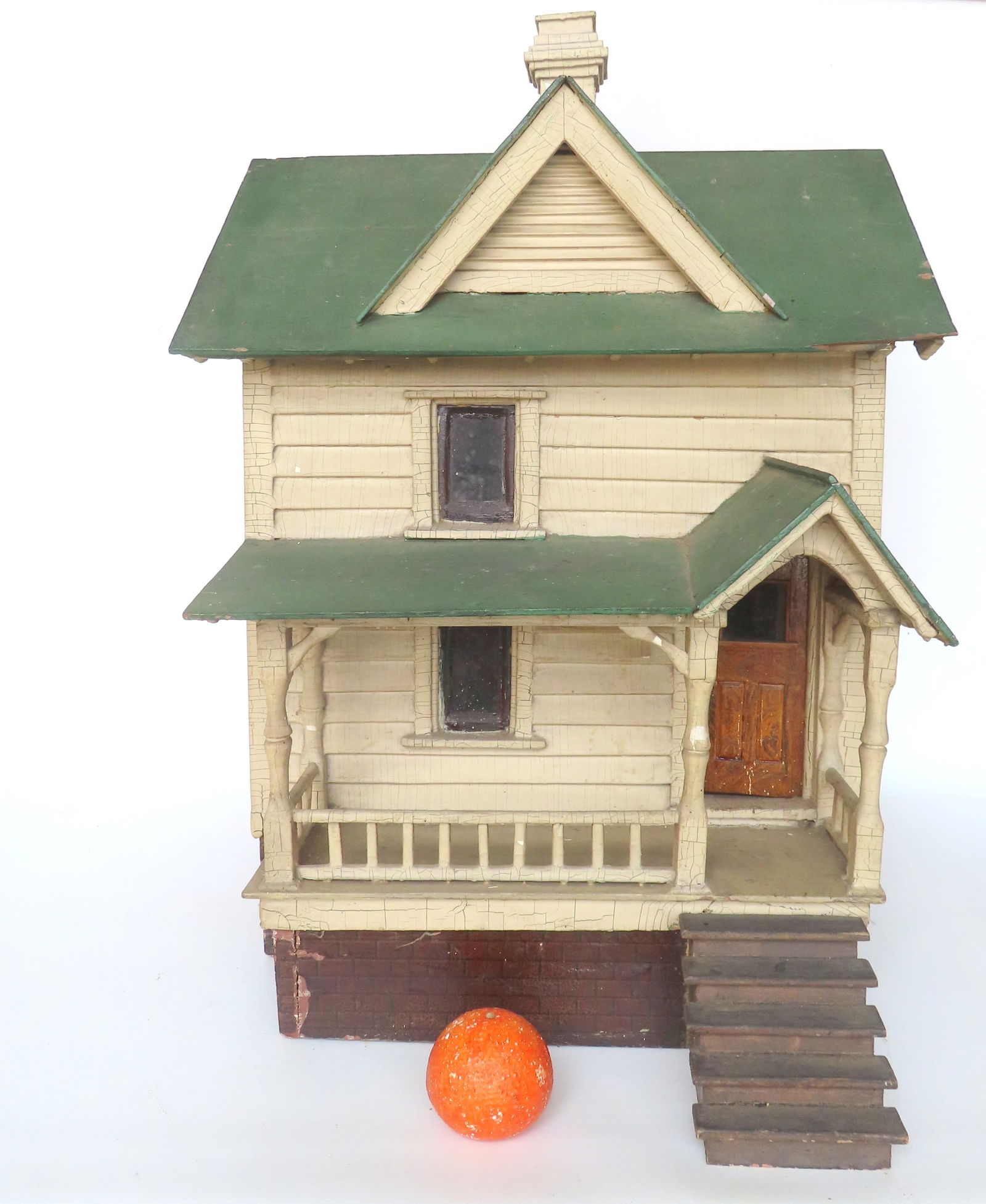 A good 2 story doll house having steps leading to front porch with roof, railings, and grain painted (1 of 14)