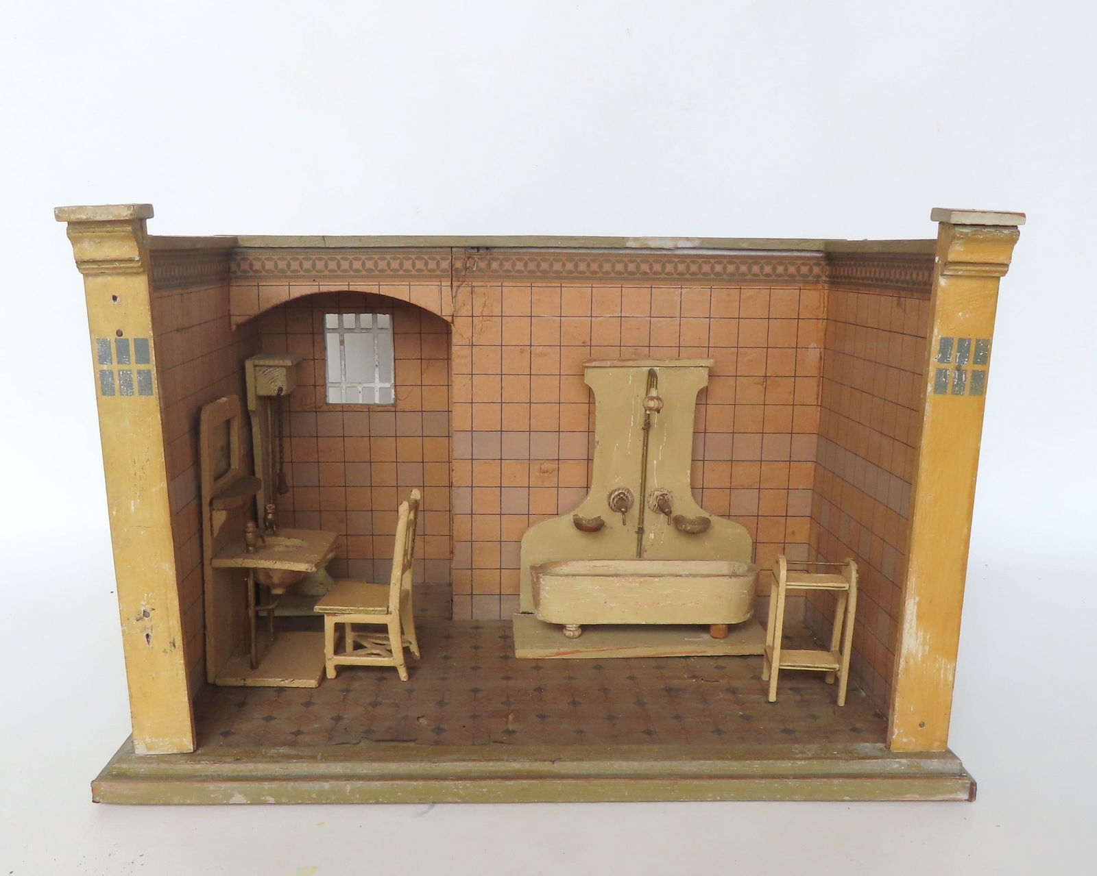 A dollhouse fitted bathroom, painted wooden frame, lithograph paper walls, and single window. The (1 of 9)