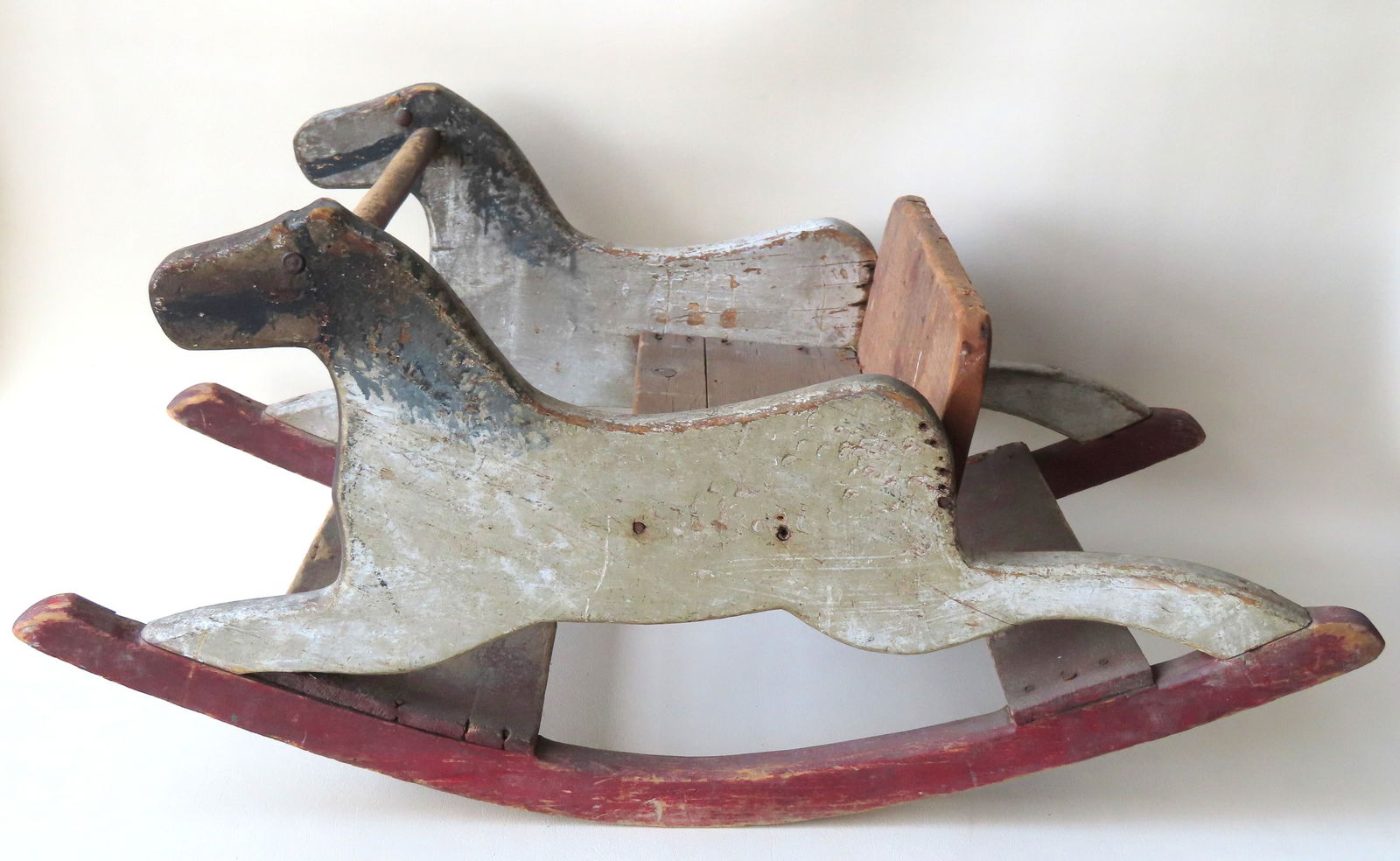 Primitive child's double silhouette rocking horse chair, in old paint. Some use wear and over paint, (1 of 5)