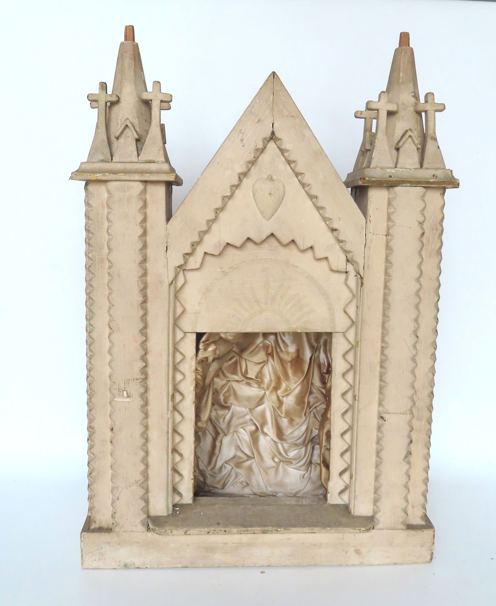 A folk art 19th century reliquary in the form of a church. Condition: The double steeples with each: A folk art 19th century reliquary in the form of a church. Condition: The double steeples with each originally holding 4 crosses, is missing one cross on the right side as well as a small section of m