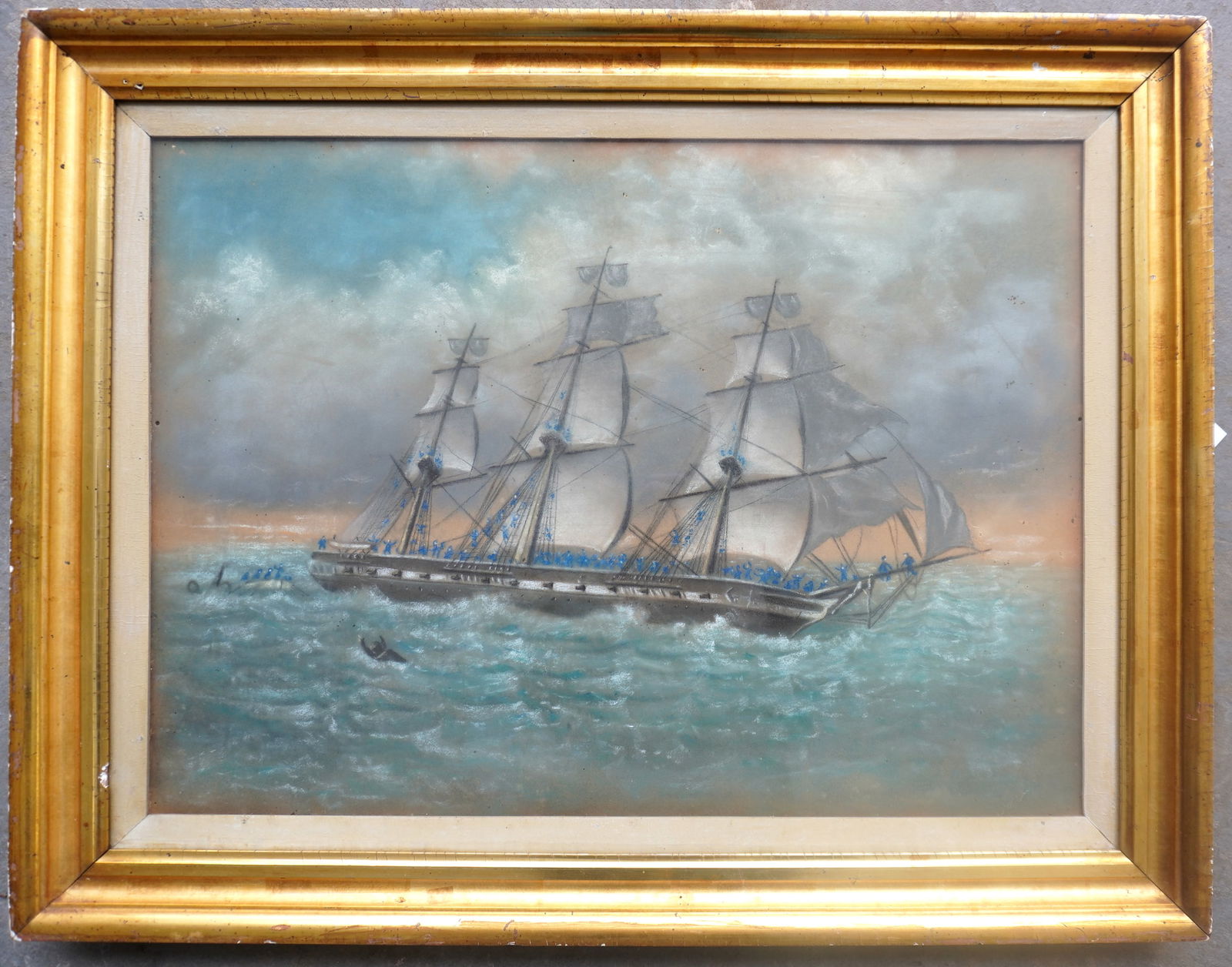 A folk art seascape, pastel on canvas, depicting a 3 mast frigate with sailors in rough seas, and (1 of 8)