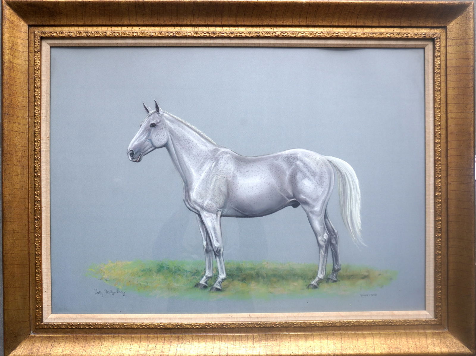 Sally Martyn Lacy - active in NJ, Ohio, NH, and VT, 1928-1925. Large pastel portrait of a standing: Sally Martyn Lacy - active in NJ, Ohio, NH, and VT, 1928-1925. Large pastel portrait of a standing gray horse named "Banker's Trust" signed by artist lower right corner. Professionally framed and in v
