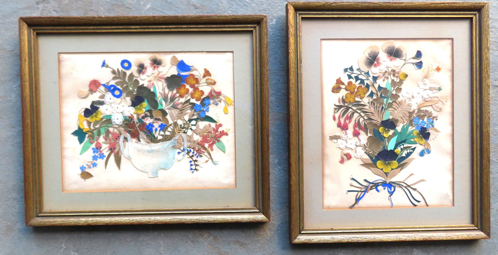 Two early framed paper cut works depicting bouquet of flowers - each flower appears to be separately (1 of 7)