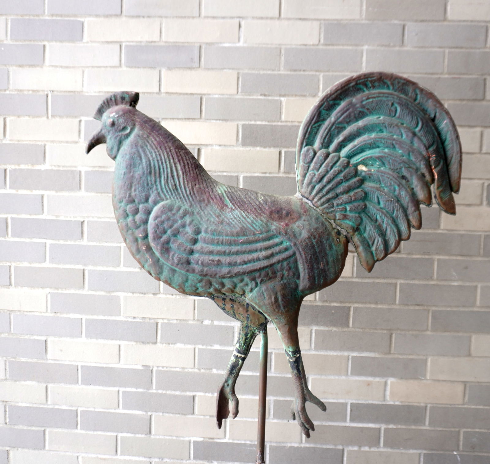 A folk art full body copper rooster weathervane, circa 1900, and mounted on an early weathervane (1 of 20)