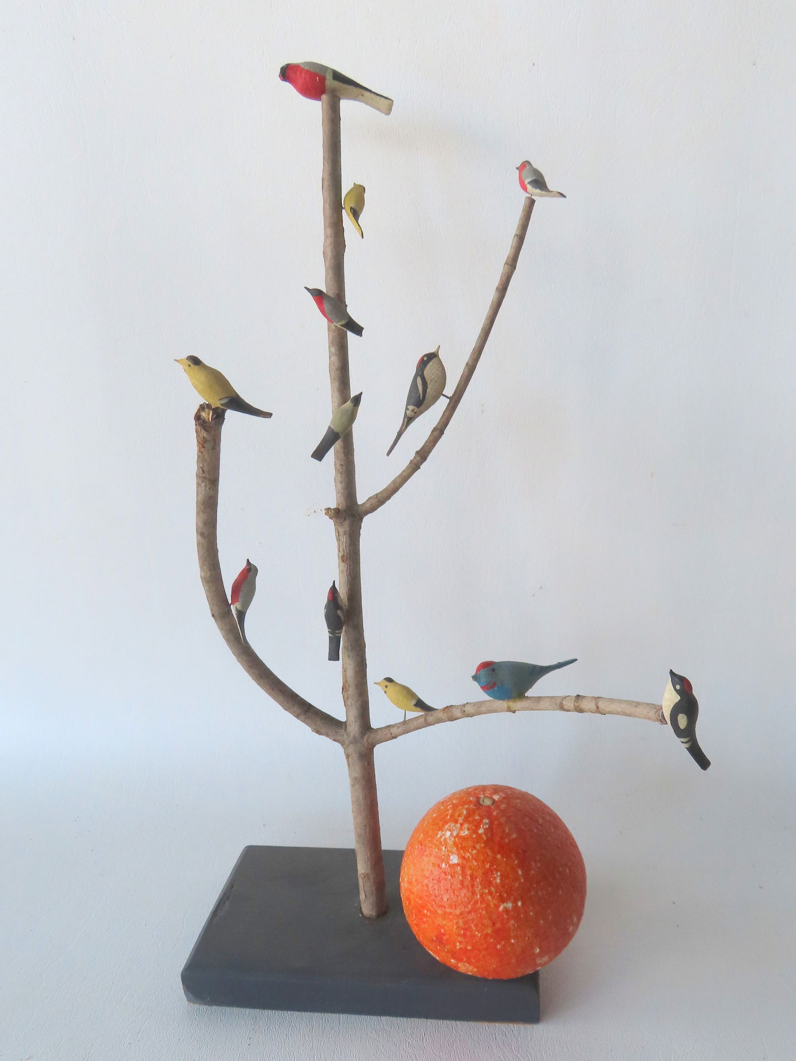 A bird tree decorated with 12 hand painted tiny birds, signed on base "J. E. Fields / Wmsbg Va.", (1 of 8)