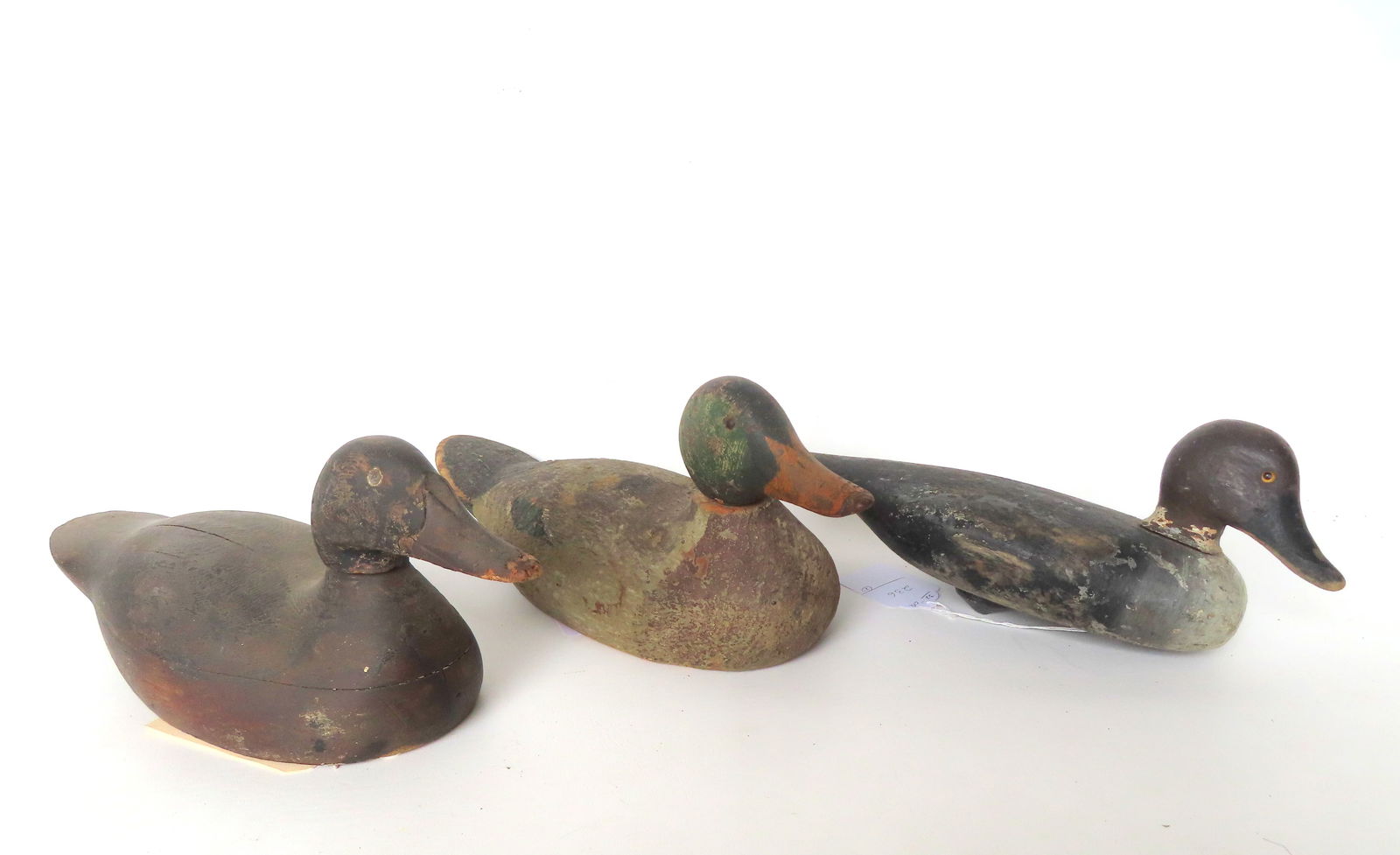 Three wooden decoys including 2 Black Ducks, both with glass eyes - wear to original paint - chew (1 of 14)