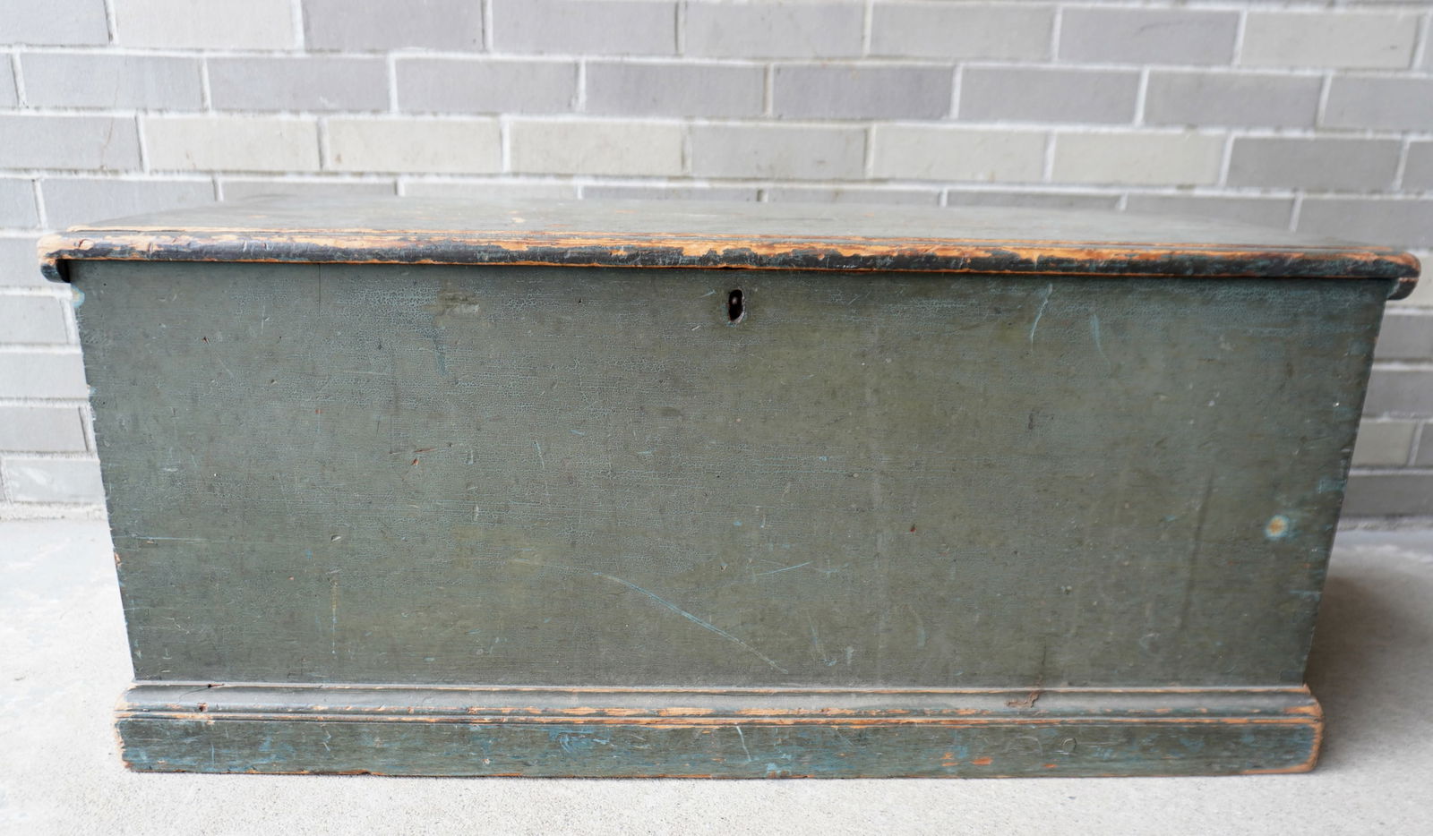 A Hudson Valley blanket box in original blue/green paint, butt hinges, interior open till with lower (1 of 8)