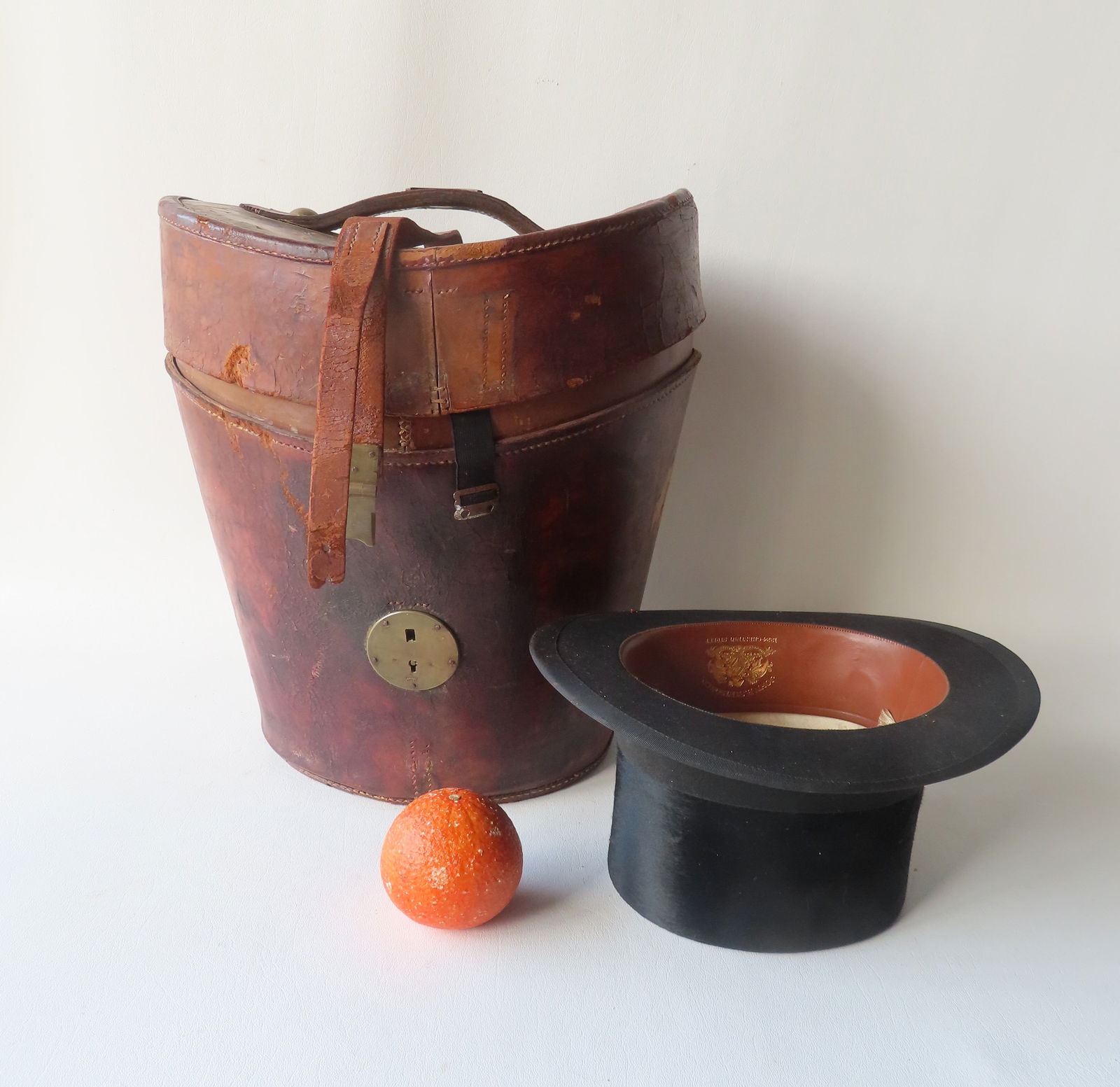 A signed John Stetson & Co. beaver top hat in original leather box, 19th century. The hat box with (1 of 11)