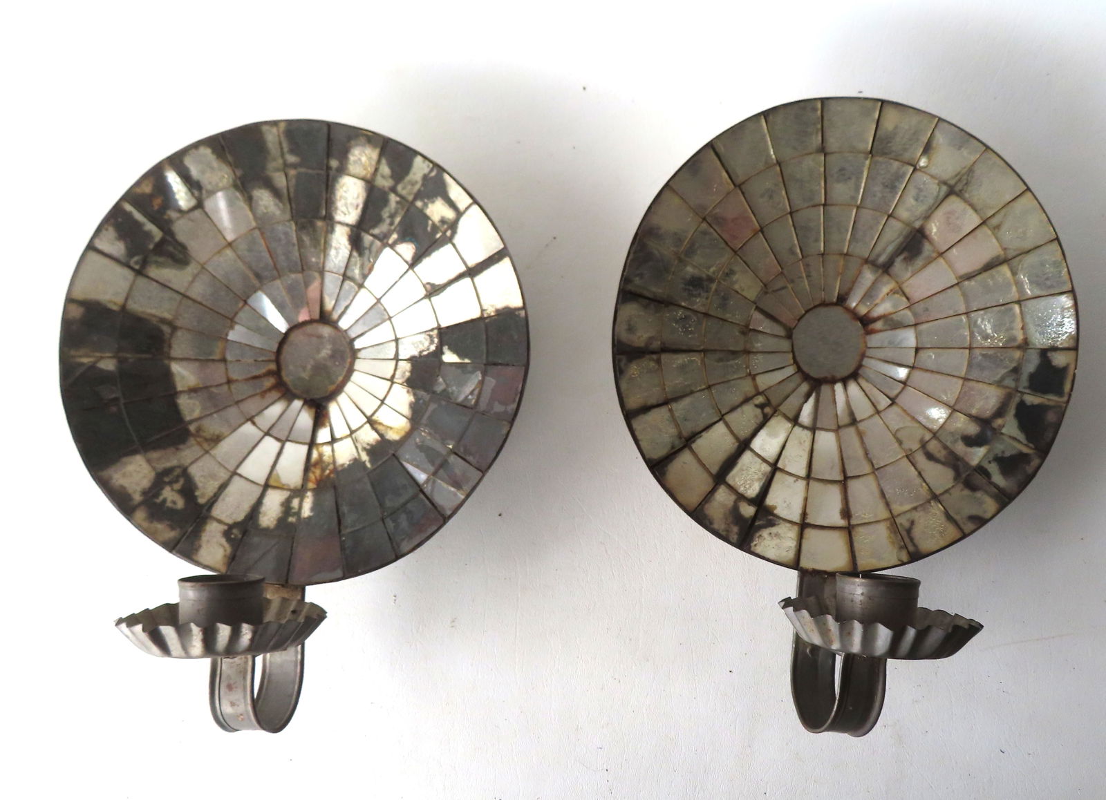 Two matching circular tin mirror-back candle wall sconces, hand made, each approximately 12 1/4"H x (1 of 8)