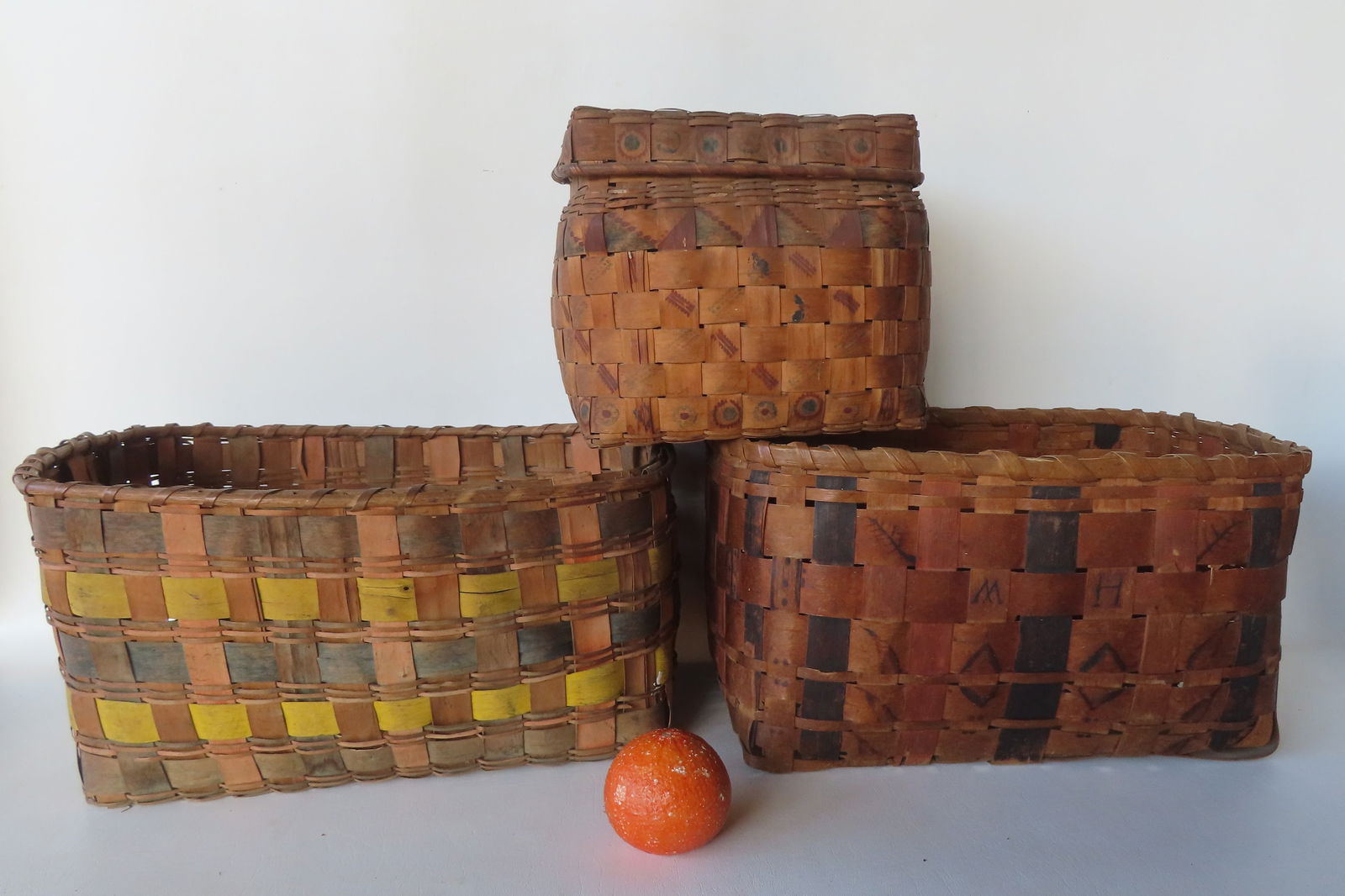 Three Native American woven splint baskets, 19th century. Two with potato stamps on sides (one of (1 of 20)