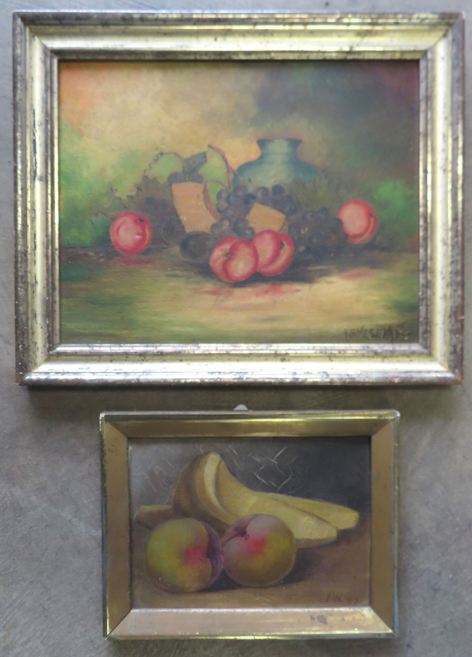 Two vintage still life paintings. The first, an O/B Still life of fruit and jug, signed Agnes Evans,: Two vintage still life paintings. The first, an O/B Still life of fruit and jug, signed Agnes Evans, early 20th century and housed in mid 19th century lemon gold frame - the painting in good condition