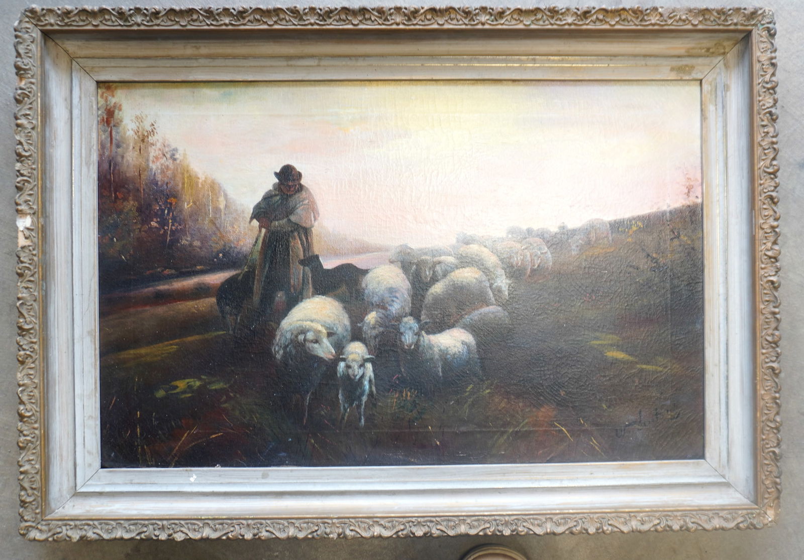 A classical O/C Pastoral scene with sheep herder and sheep, housed in original gilt gesso frame,: A classical O/C Pastoral scene with sheep herder and sheep, housed in original gilt gesso frame, 19th century, signed illegibly. Several professional repairs noticeable on reverse, else good condition