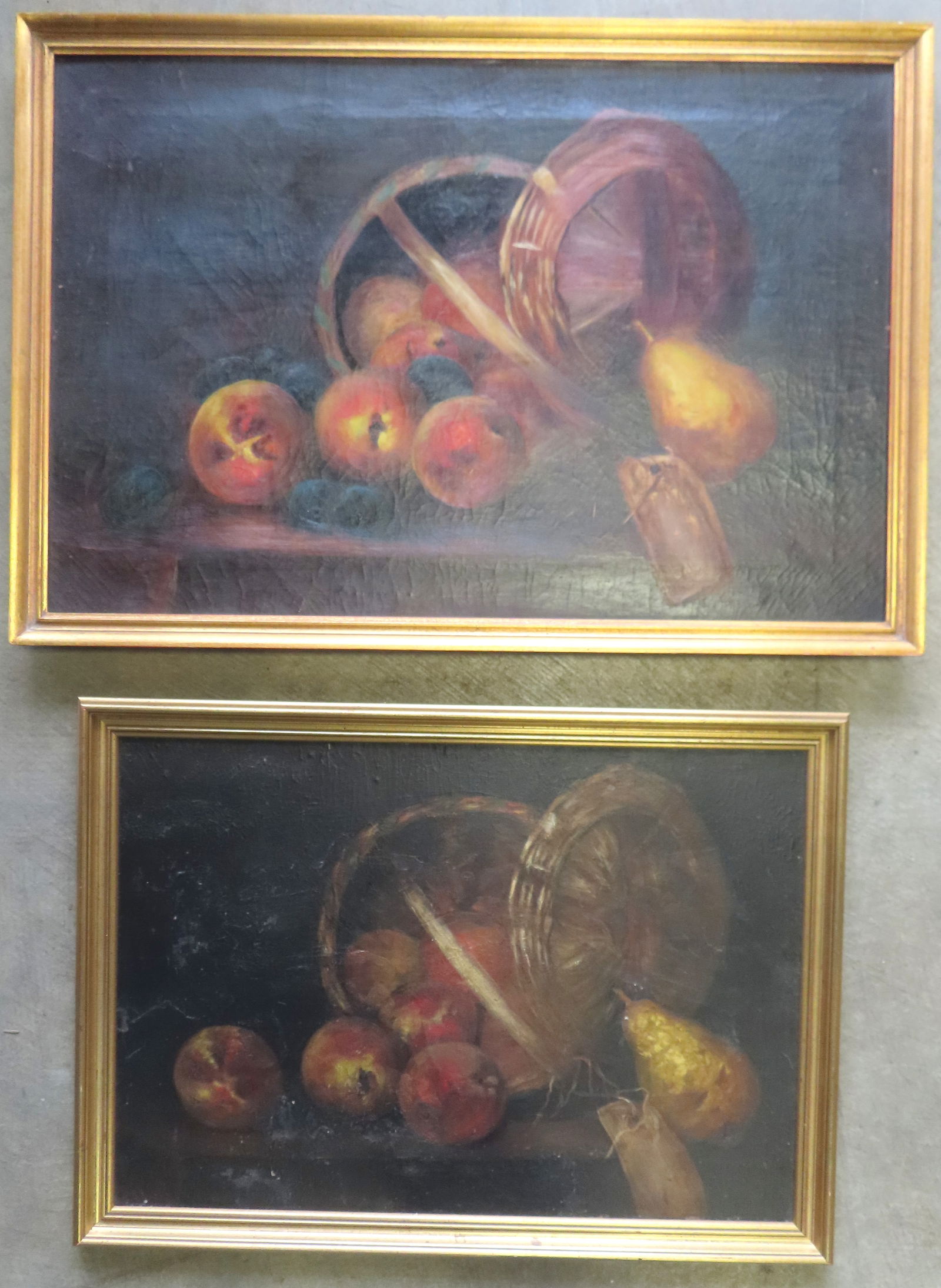 Two still life paintings, similar depictions of fruit in baskets resting on table, both late 19th (1 of 7)