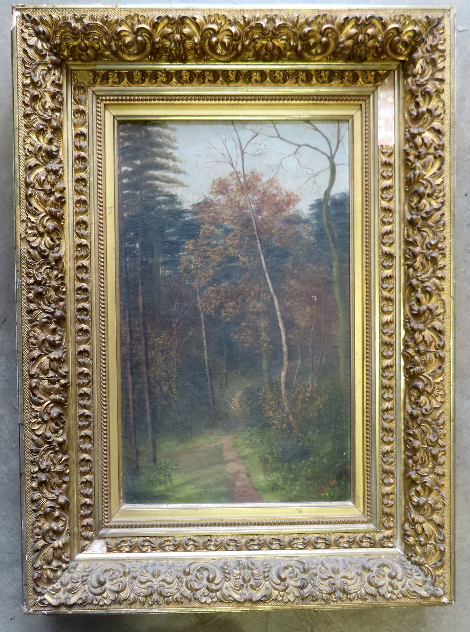 O/C Country landscape, path through forest, signed E. Easty lower right, circa 1870, housed in: O/C Country landscape, path through forest, signed E. Easty lower right, circa 1870, housed in original gilt gesso frame. The frame with some losses, mostly on the inset, else good condition - the art