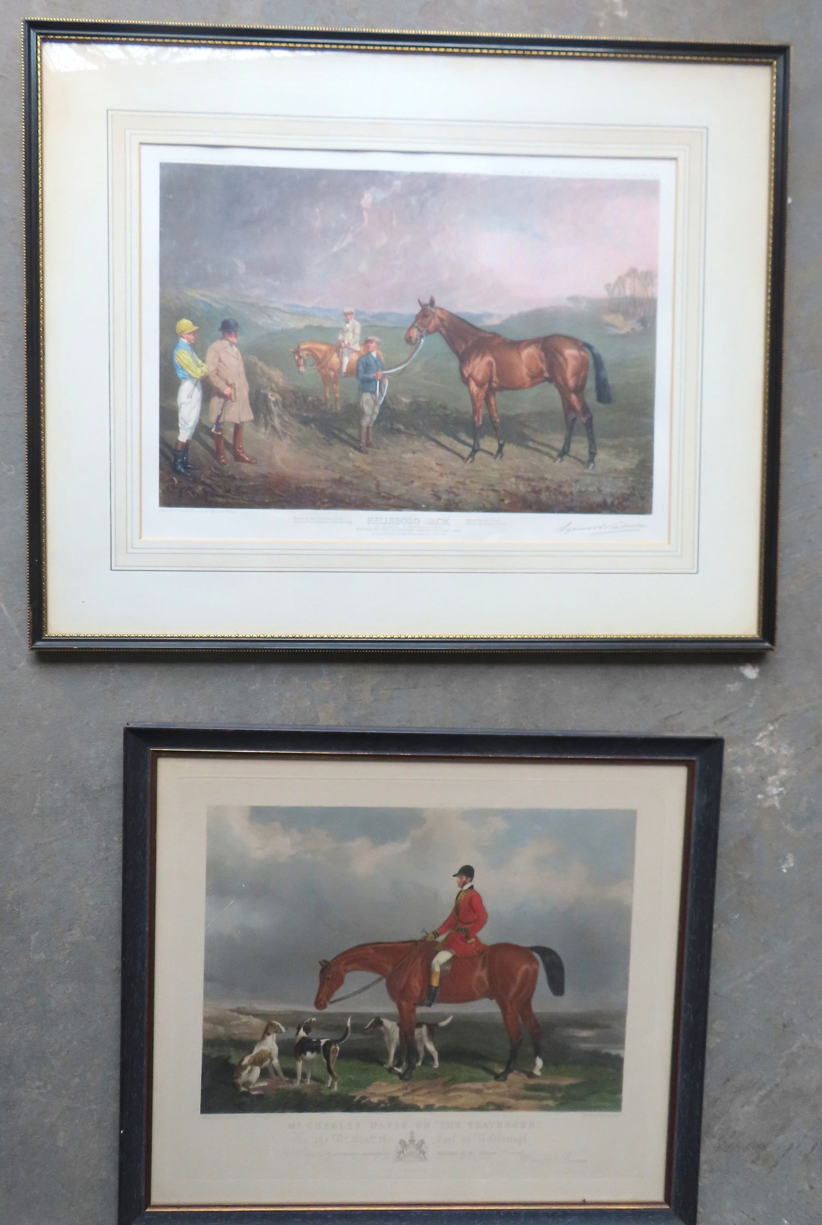 Two English horse prints. The first, a hand colored hunt lithograph titled "Mr. Charles Davis on: Two English horse prints. The first, a hand colored hunt lithograph titled "Mr. Charles Davis on "The Traverser" after a painting by W & H Barraud, 19th century - total frame size 26 1/4" x 23 1/4"; a