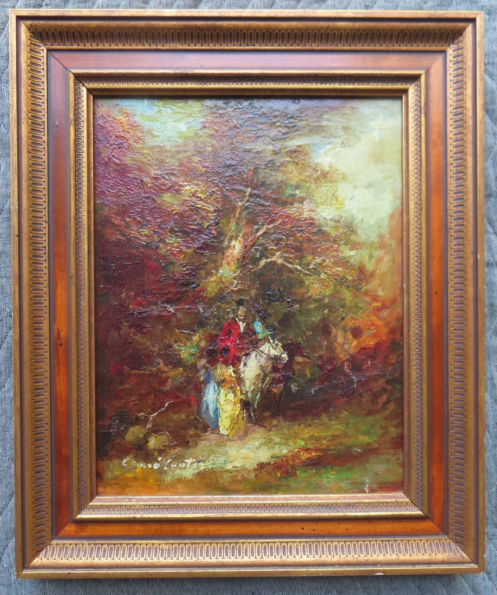 O/C landscape with 2 horse and riders on path through forest, signed illegibly on front and reverse.: O/C landscape with 2 horse and riders on path through forest, signed illegibly on front and reverse. Probably early 20th century housed in a newer 20th century frame. Very good condition. Total frame